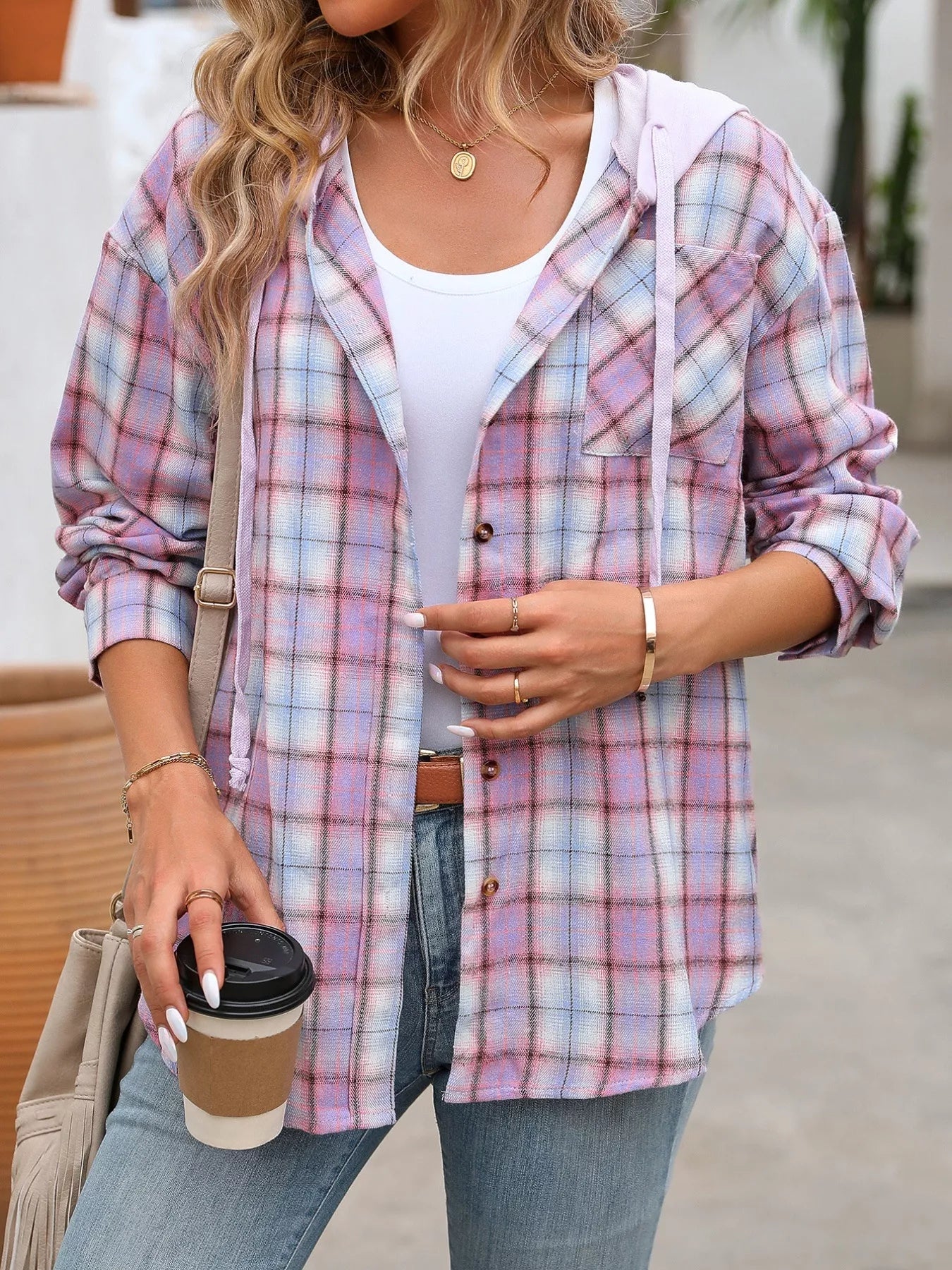 Plaid Button-Up Hooded Shirt