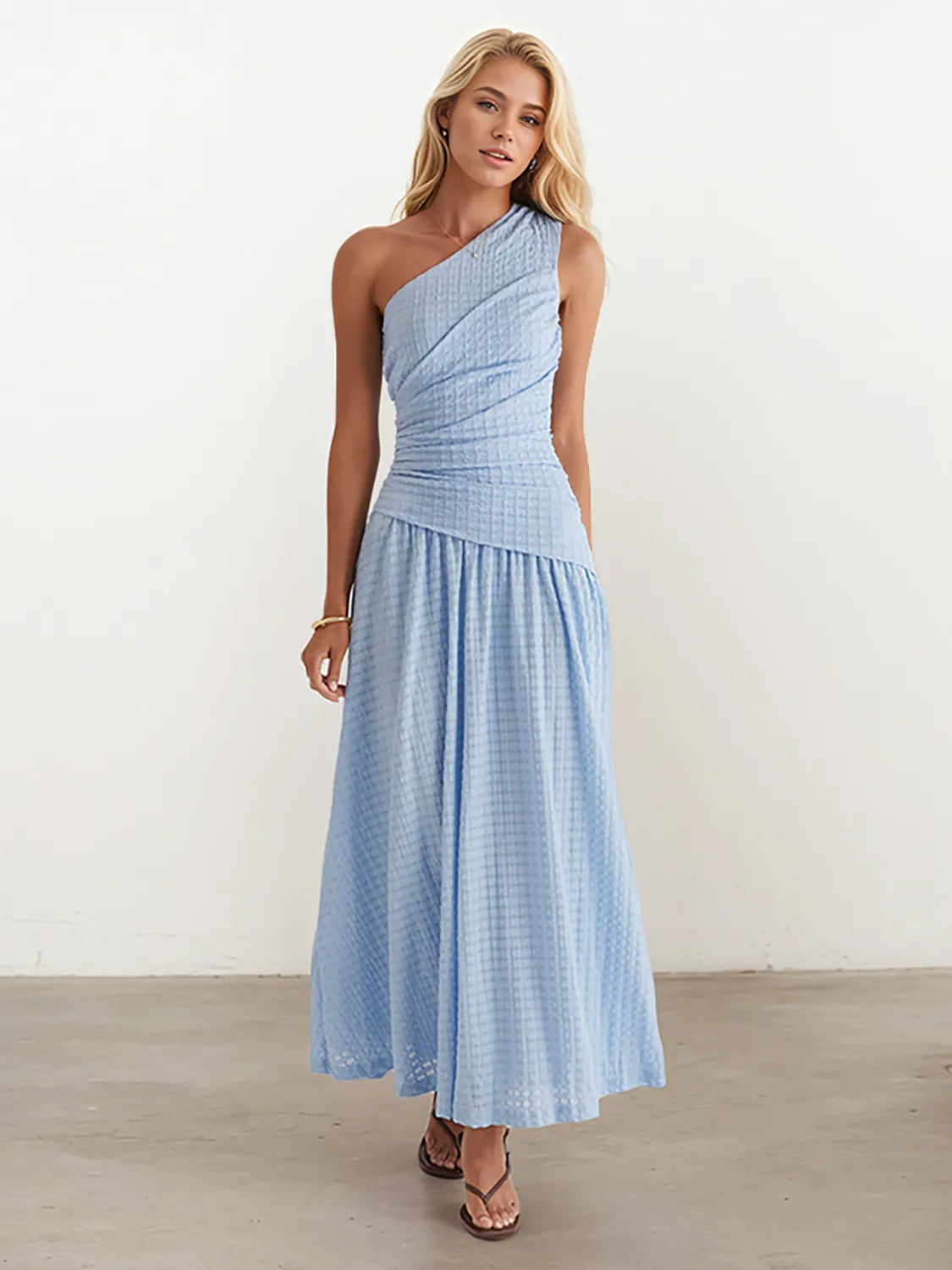 Textured Single Shoulder Dress in Light Blue