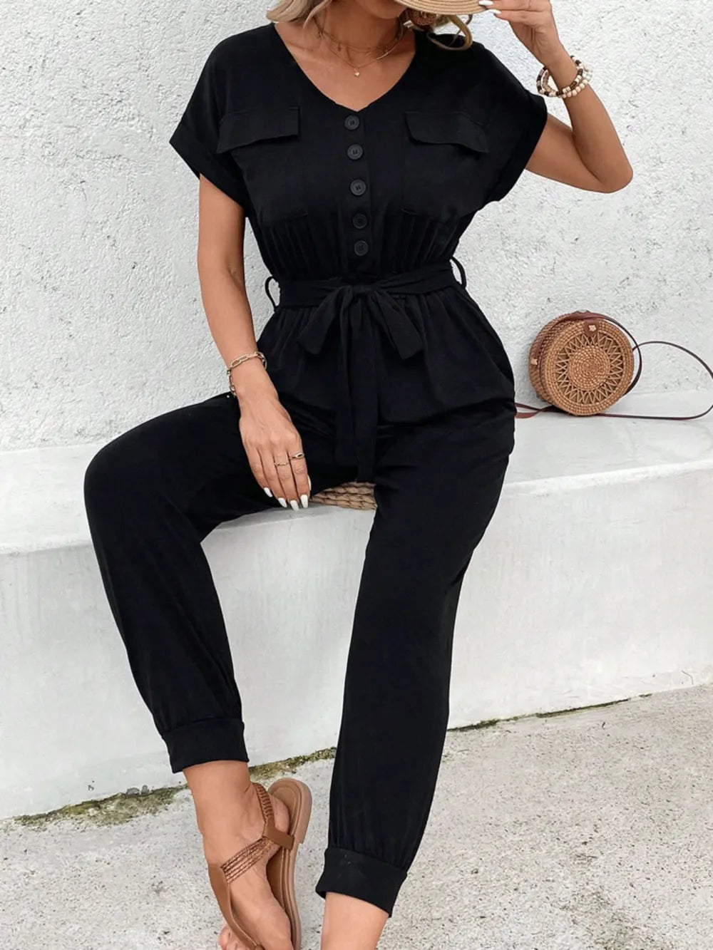 V-Neck Short Sleeve Jumpsuit in Black