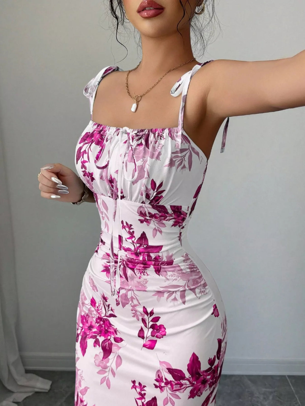 Printed Tie Strap Maxi Dress with Slit