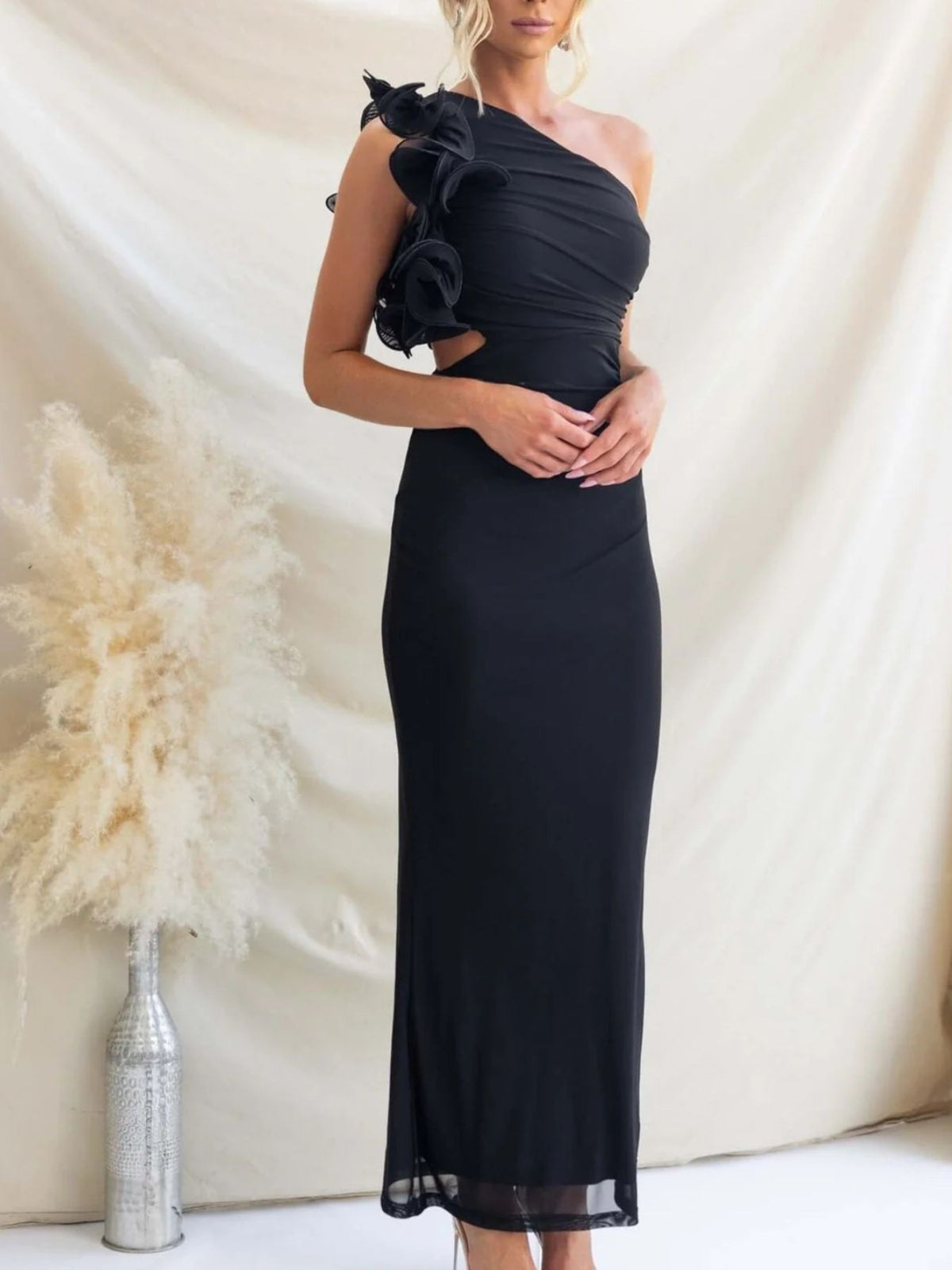 One-Shoulder Floral Trim Maxi Dress