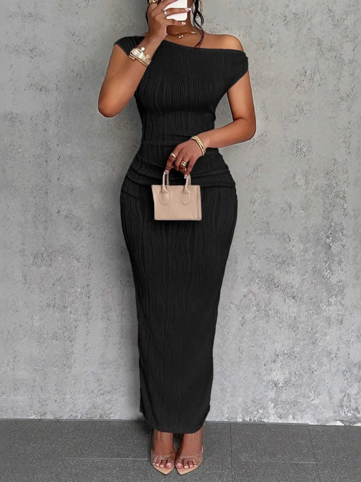 Ribbed Single Shoulder Bodycon Maxi Dress