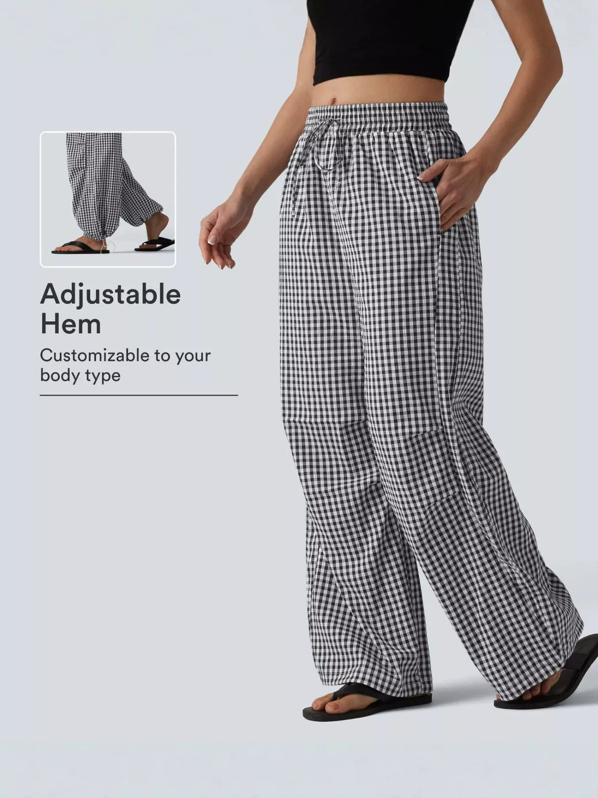 High-Waisted Gingham Drawstring Wide-Leg Pants