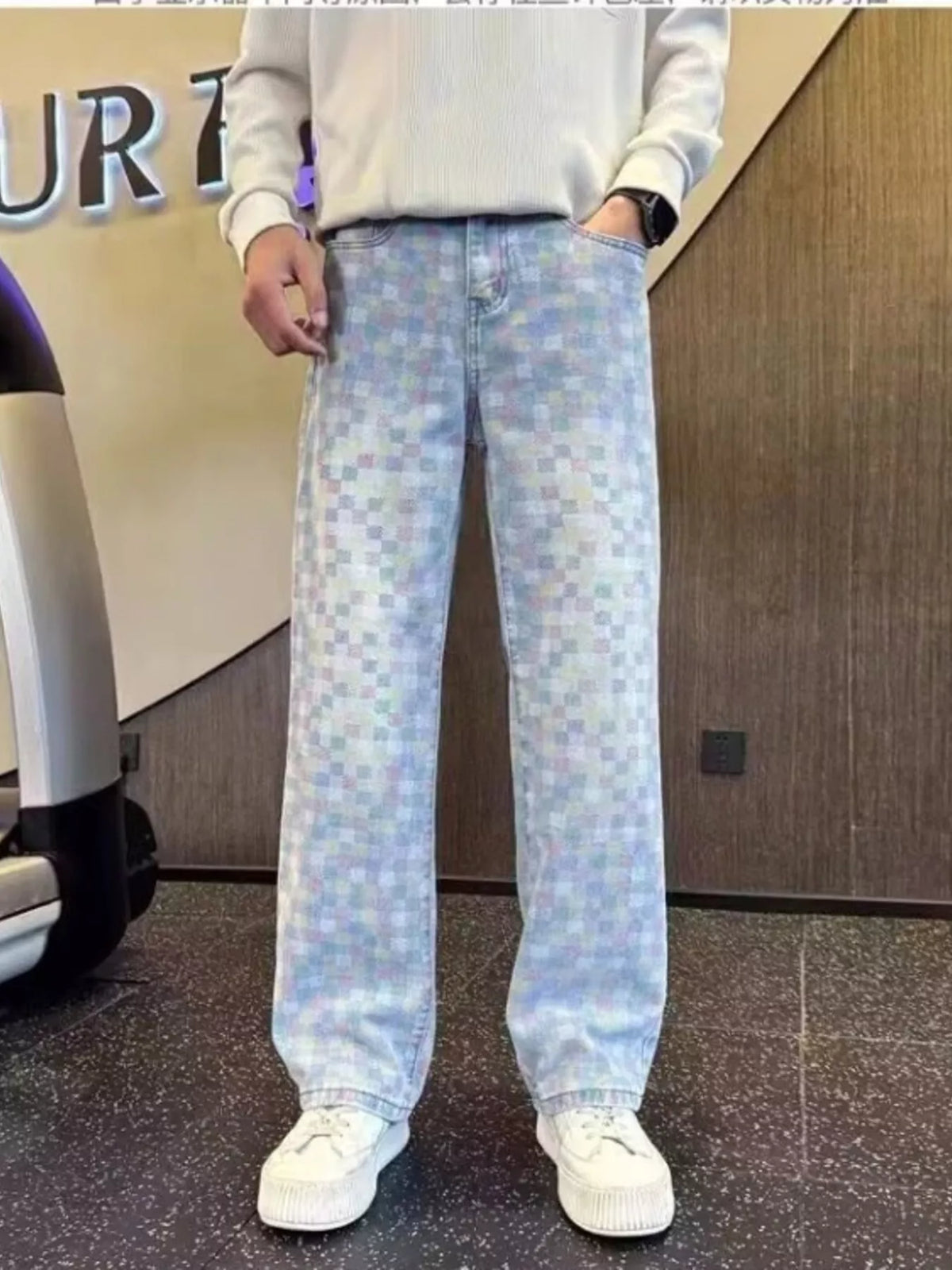 Pastel Checkerboard Wide-Leg Jeans in Light by Firm Stand