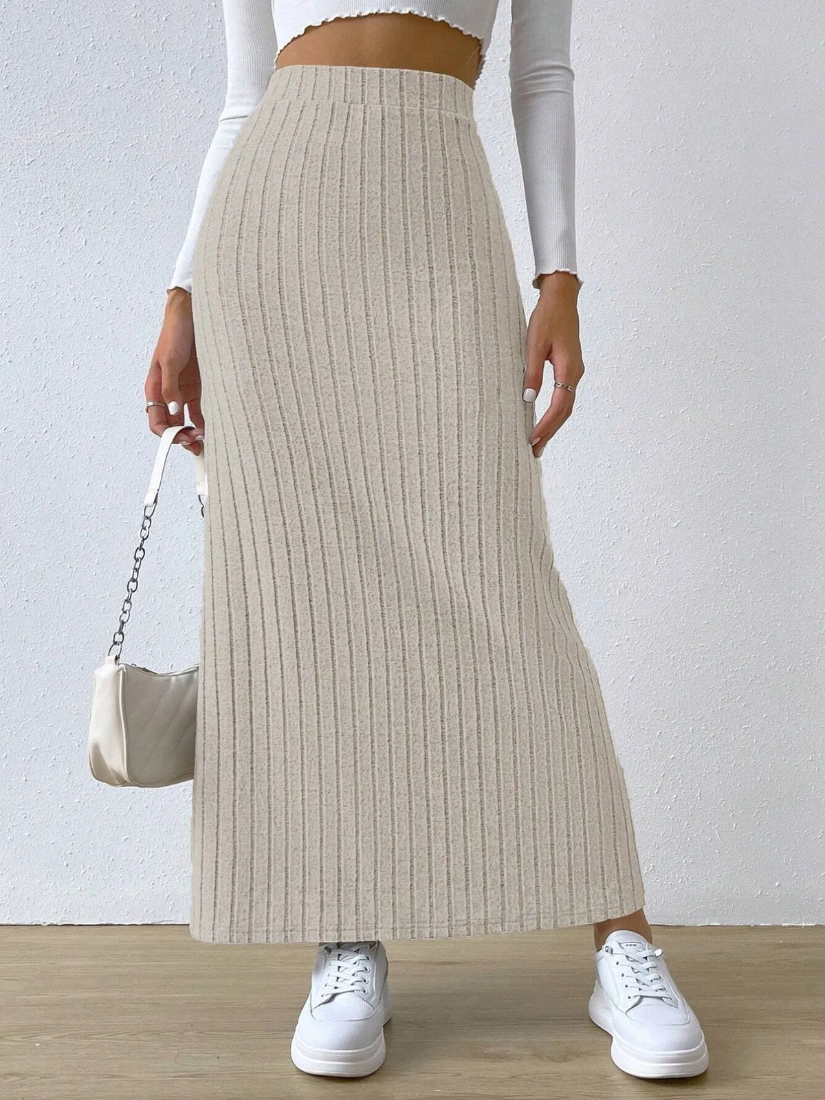 High-Waisted Ribbed Knit Maxi Skirt