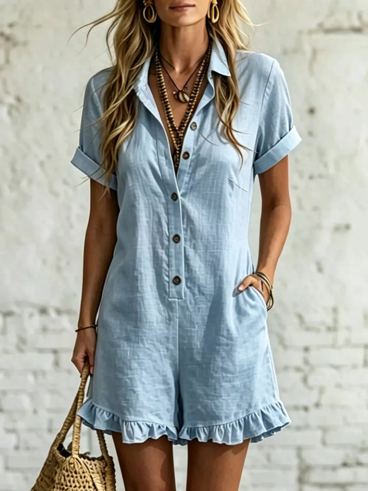 Button Front Ruffled Hem Romper