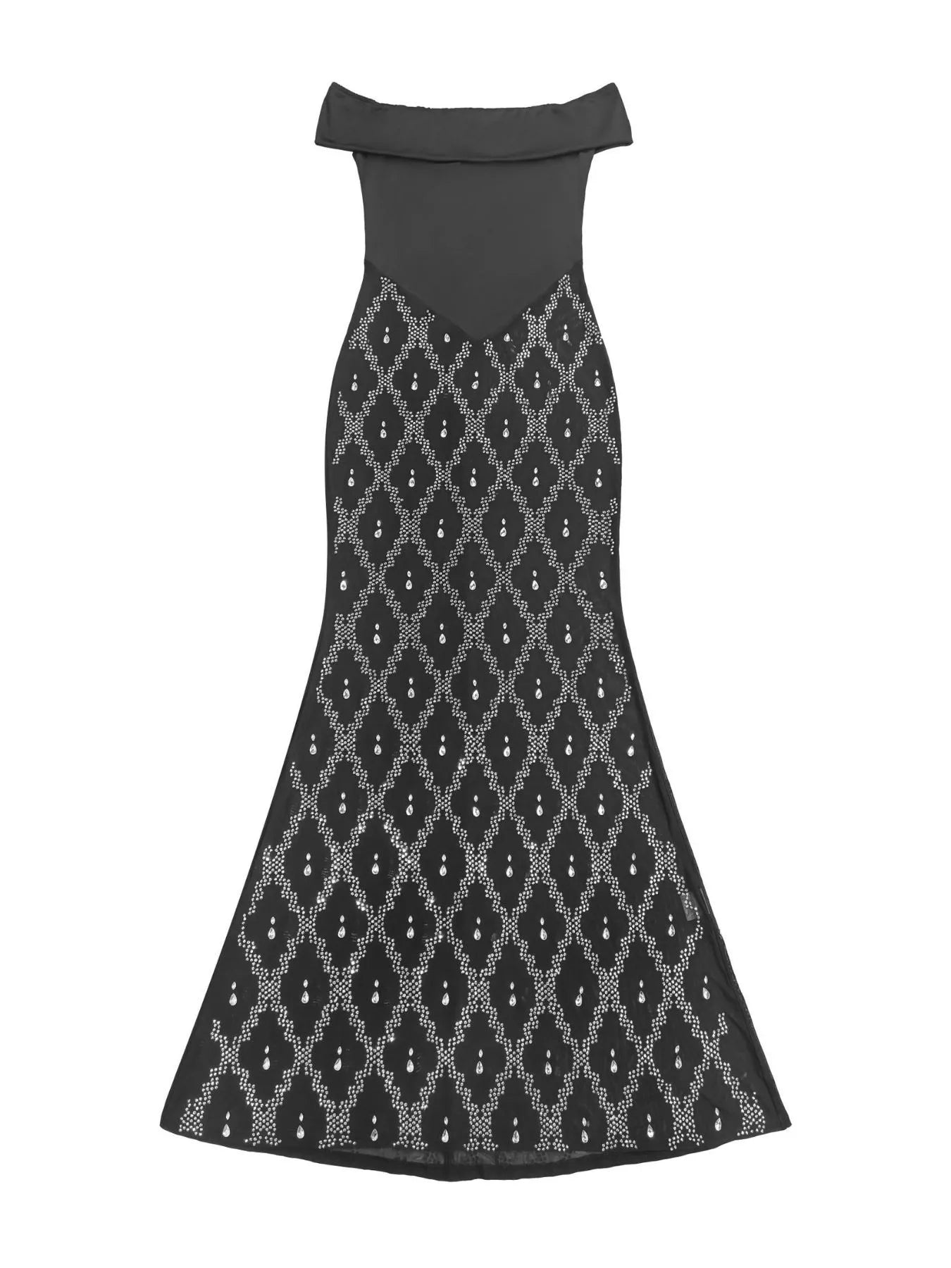 Off-Shoulder Rhinestone Sheer Maxi Dress in Black