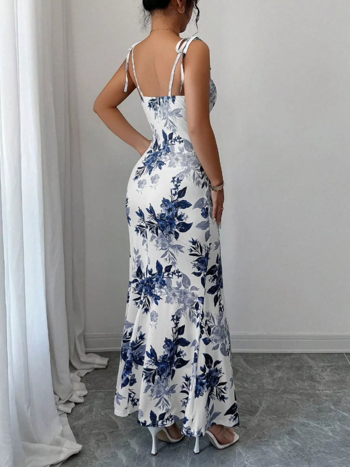 Printed Tie Strap Maxi Dress with Slit