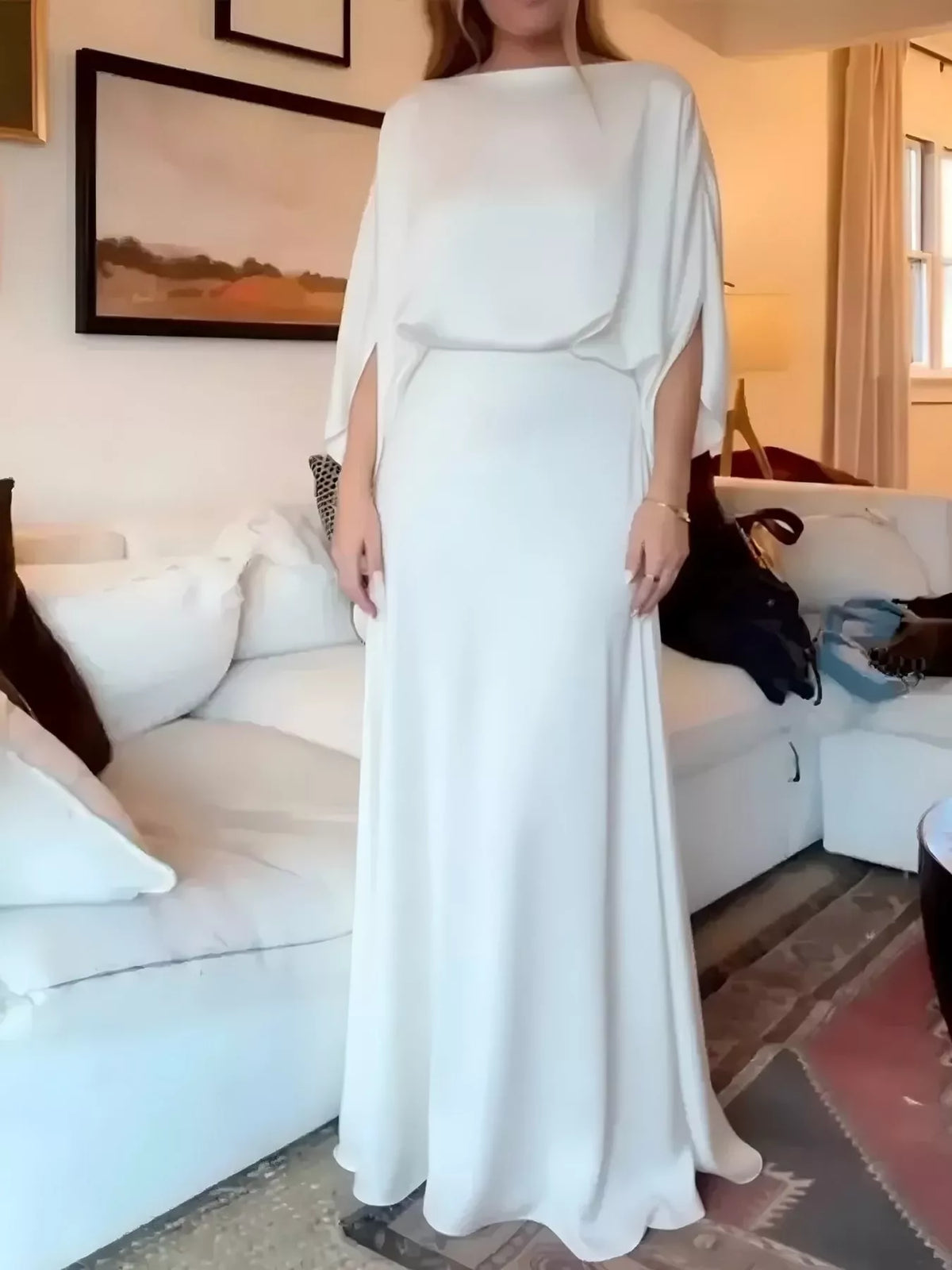 Satin Cape-Sleeve Maxi Dress