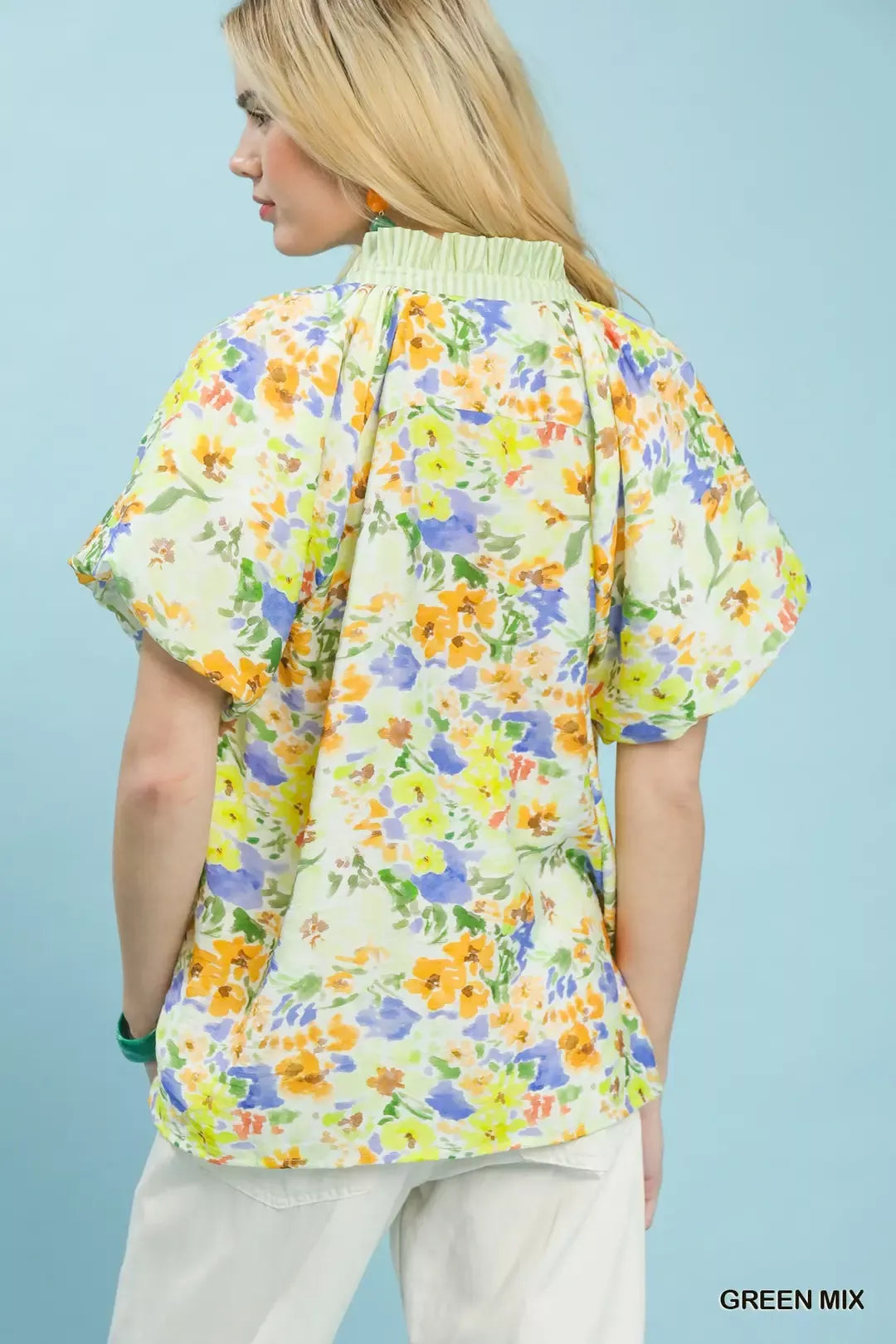 Umgee Watercolor Floral Top in Green Mix