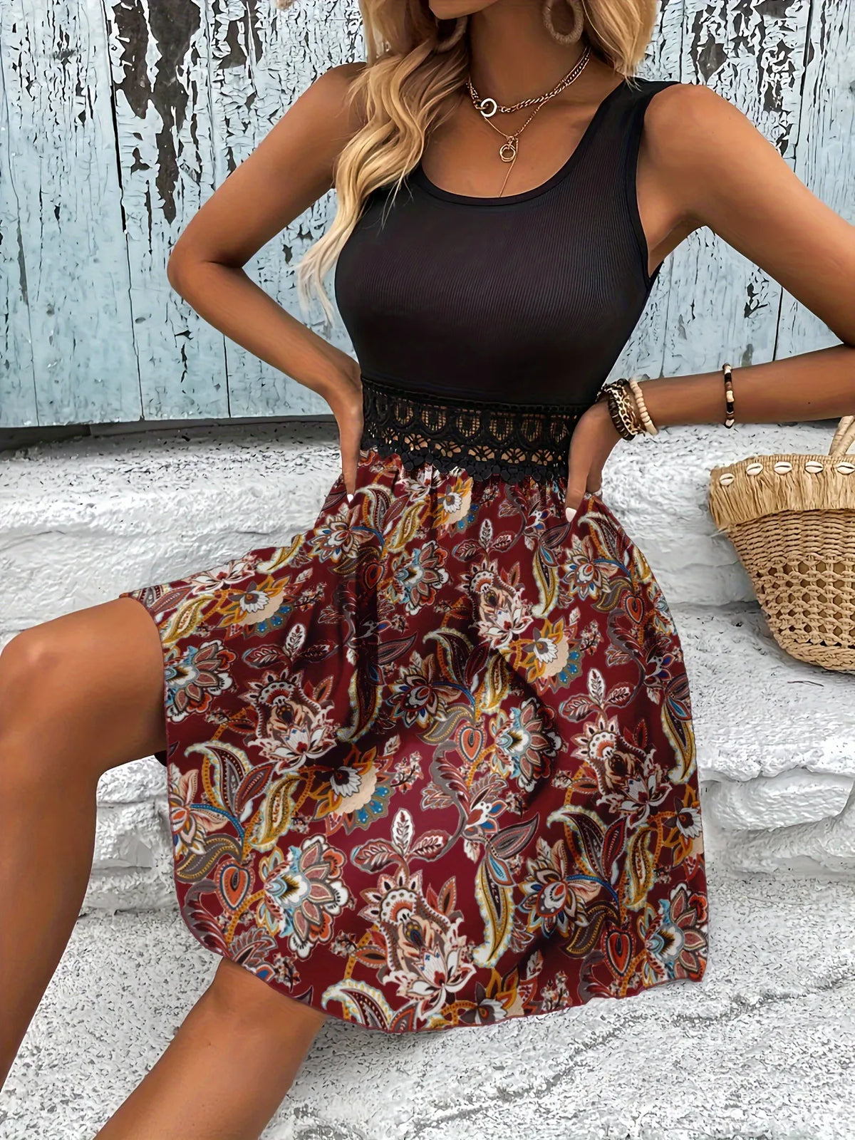 A-Line Tank Dress with Lace Waist Detail by Classic Comfort