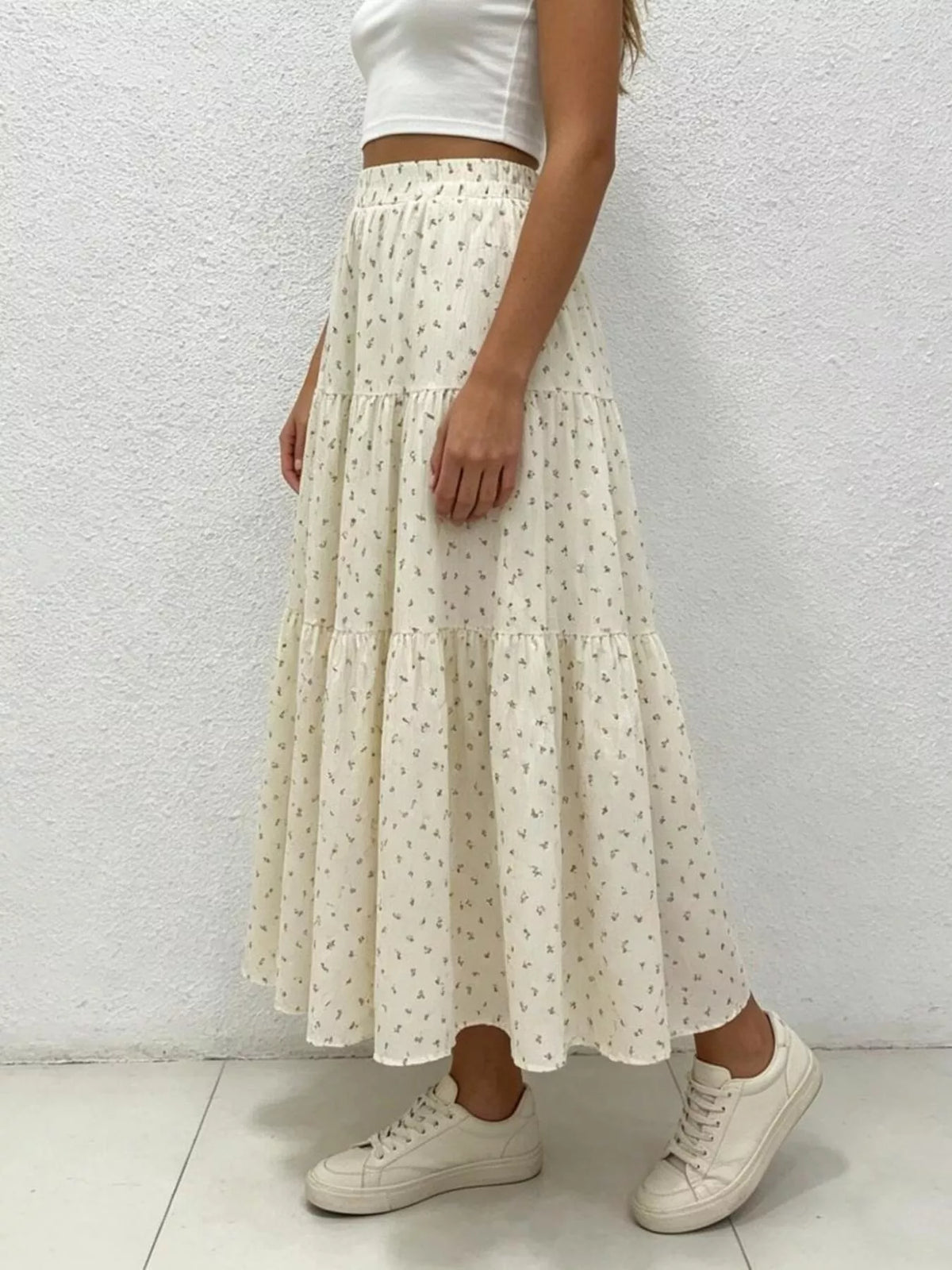 Beige Floral Print Tiered Maxi Skirt