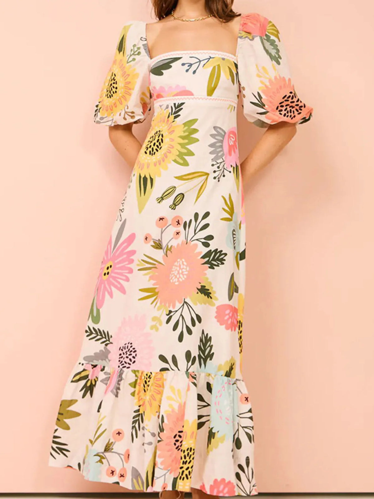Floral Square-Neck Puff-Sleeve Maxi Dress in Blue