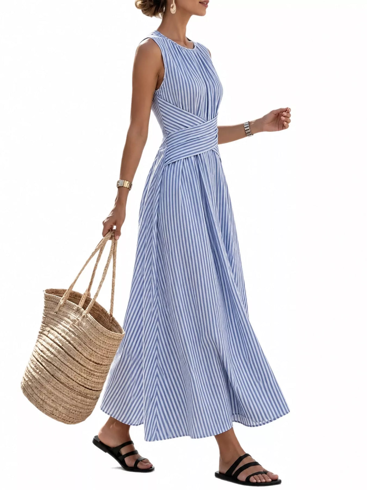 Sleeveless Striped Maxi Dress with Criss-Cross Waist