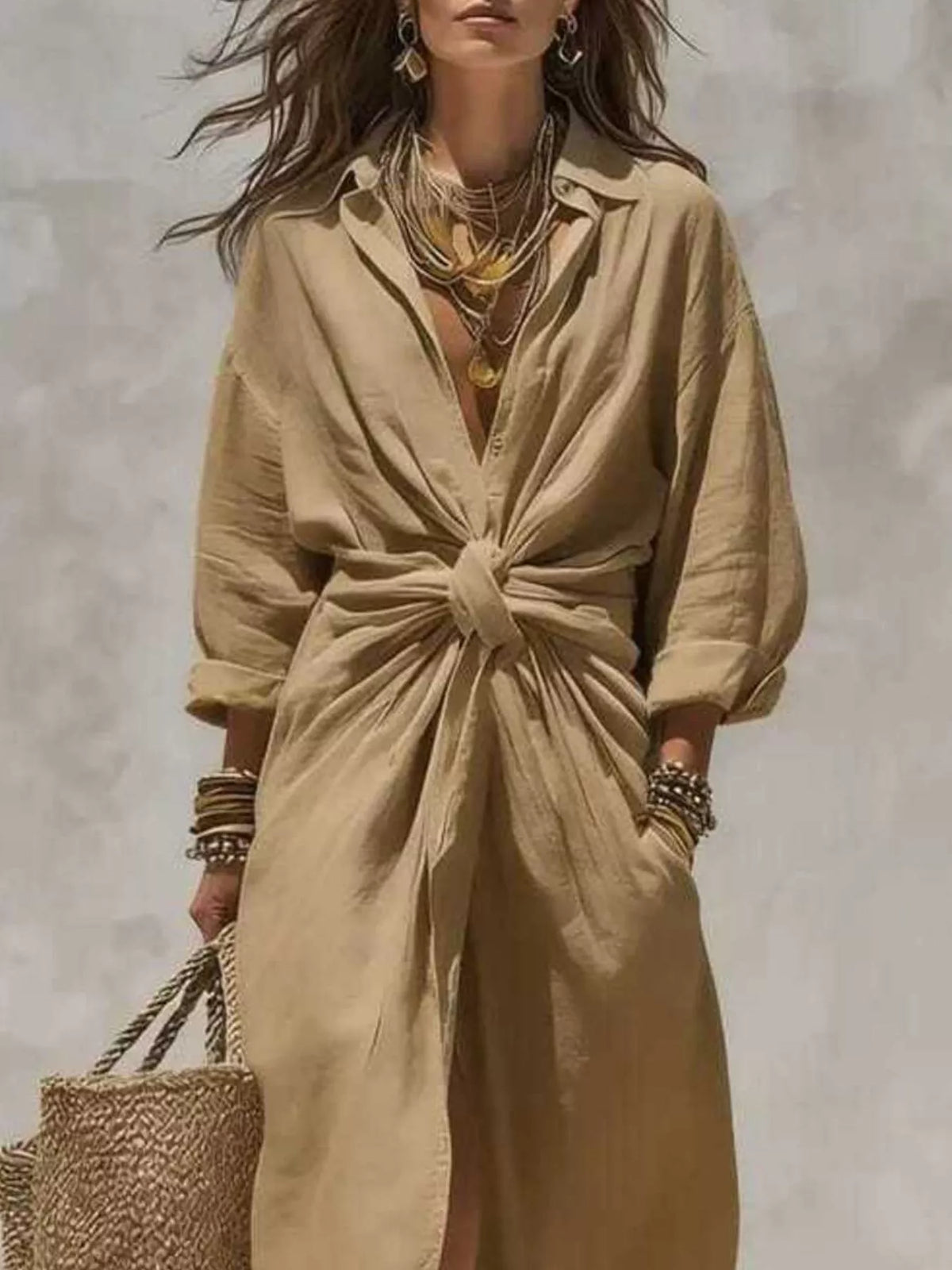 Front-Tie Maxi Shirt Dress