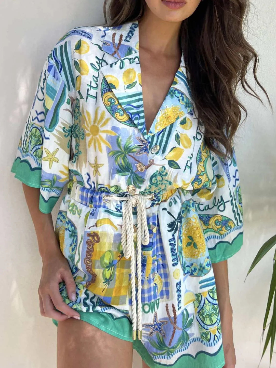 Printed Collared Romper in Turquoise