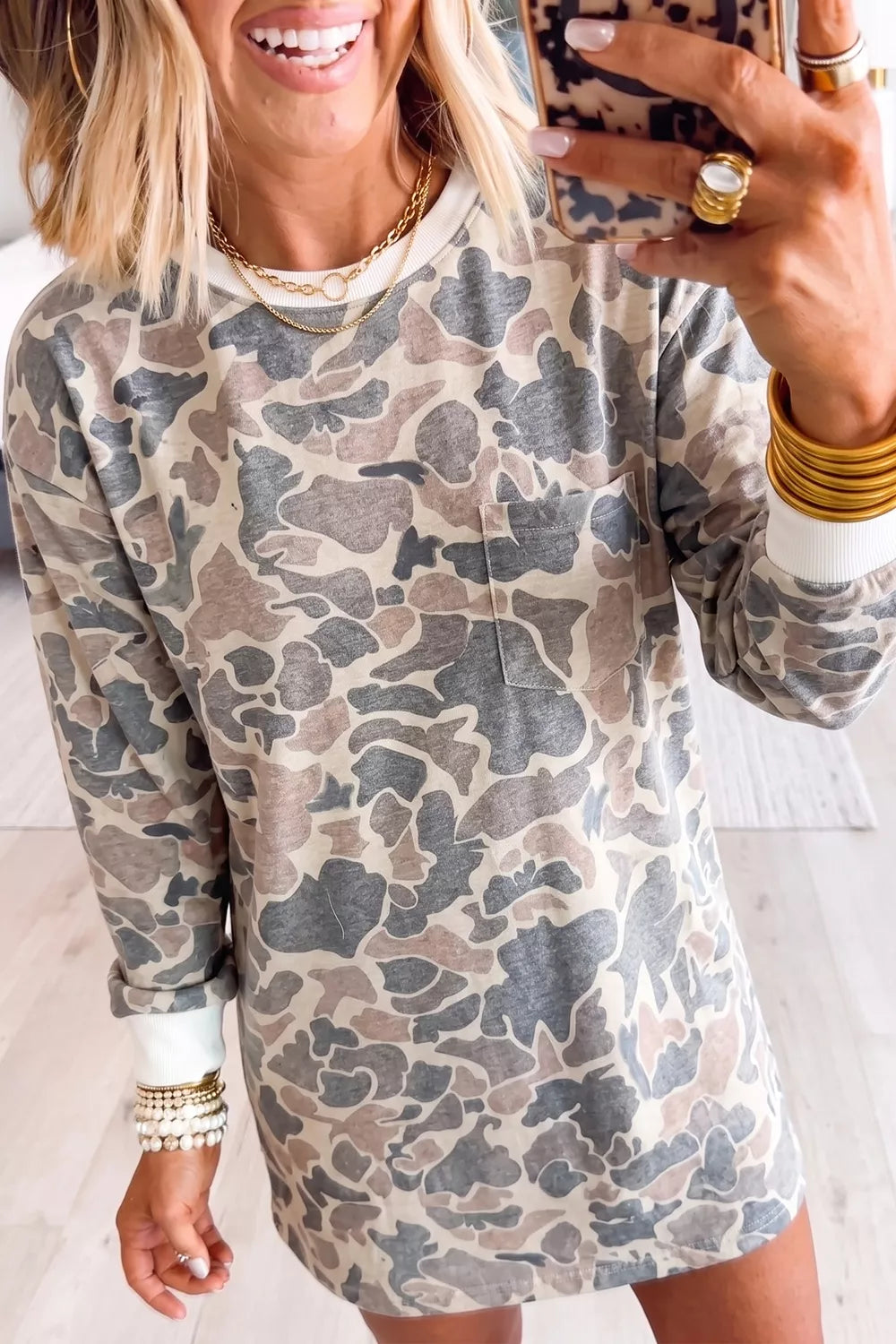 Botanical Camo Print Mini Dress in Gray