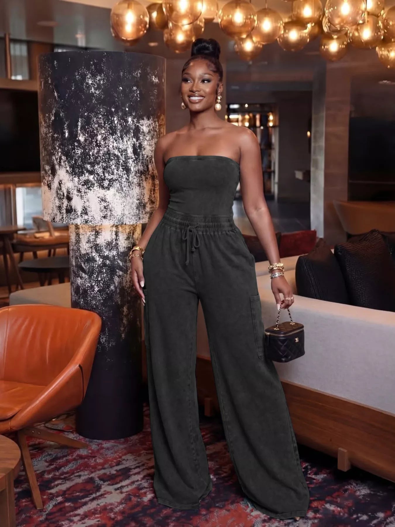 Drawstring Strapless Wide-Leg Jumpsuit