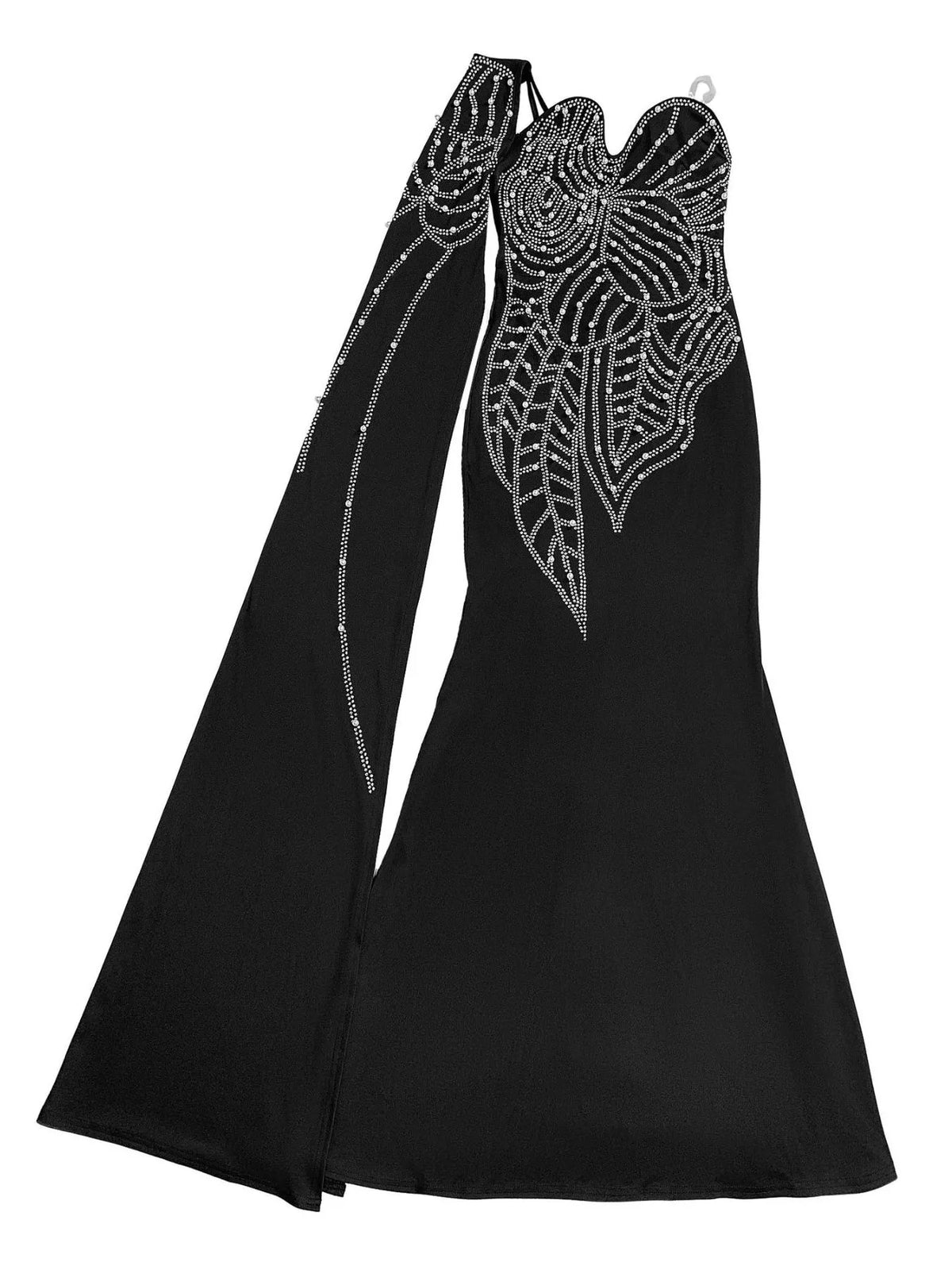 Rhinestone Pearl One-Shoulder Mermaid Dress in Black
