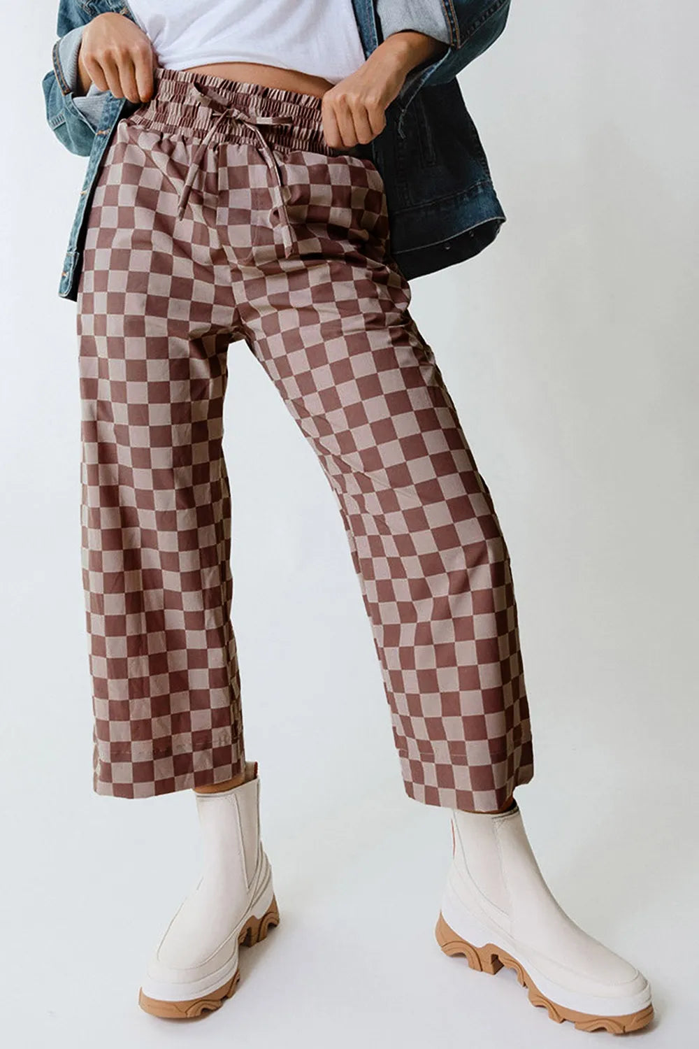 Checkered High-Waist Pants with Drawstring
