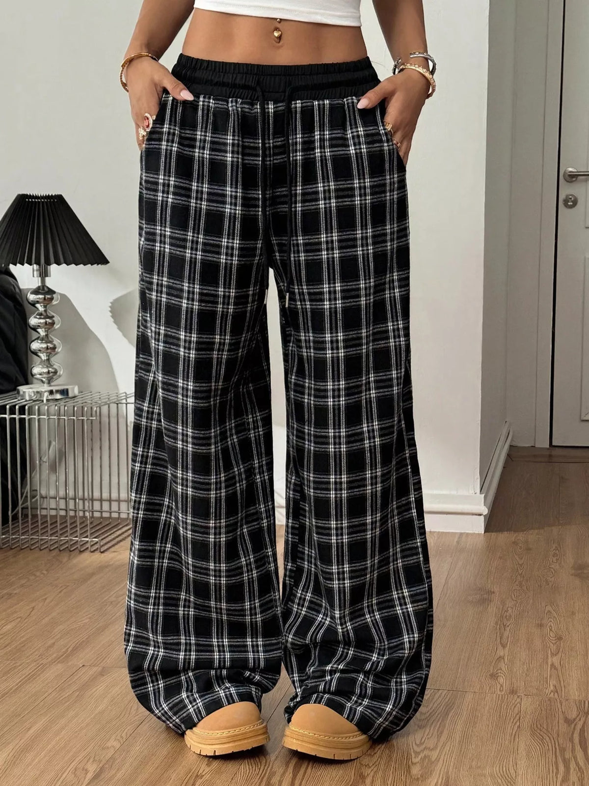 Plaid Drawstring Wide Leg Pants