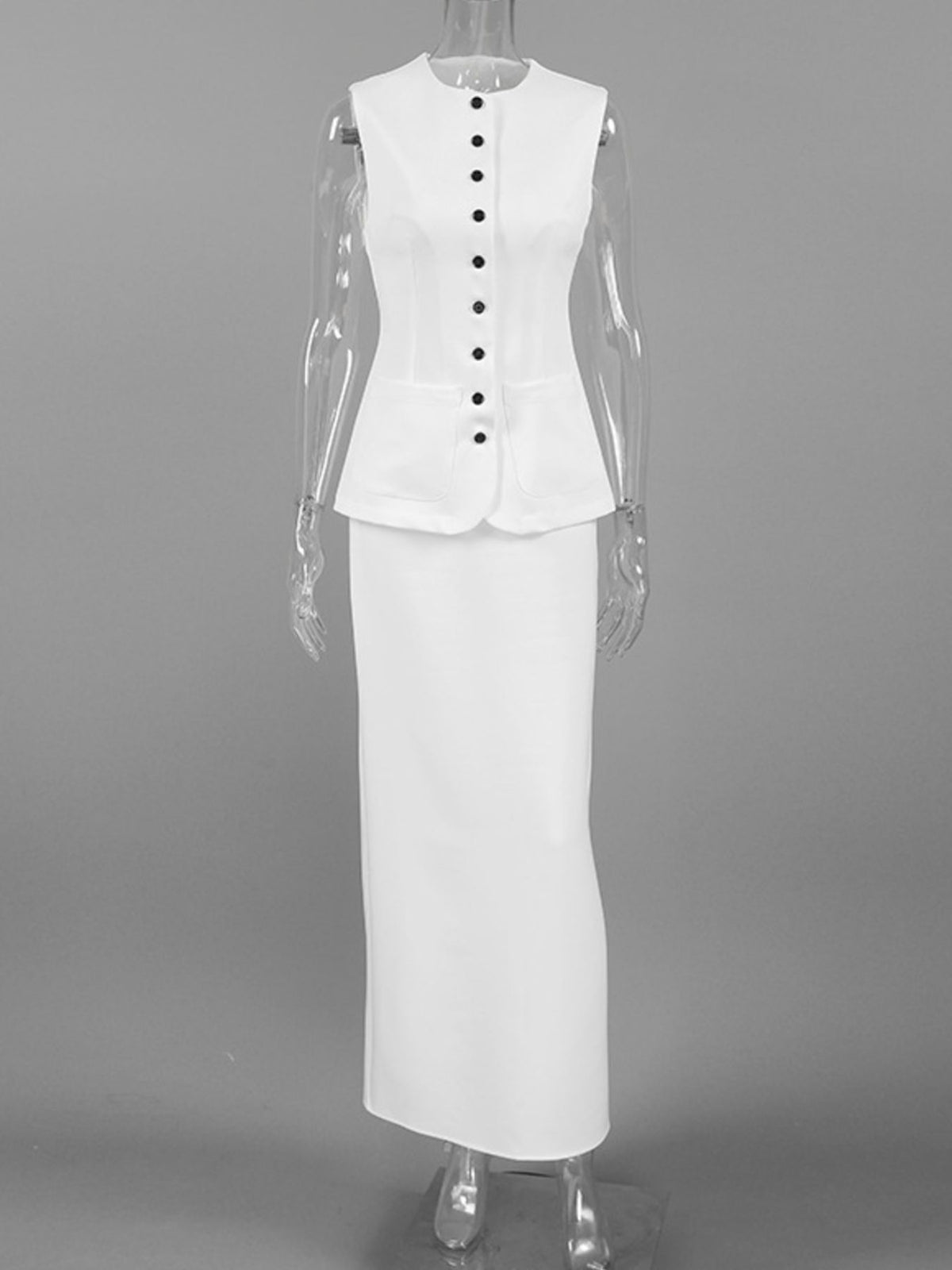 Button-Up Vest and Maxi Skirt Set in White