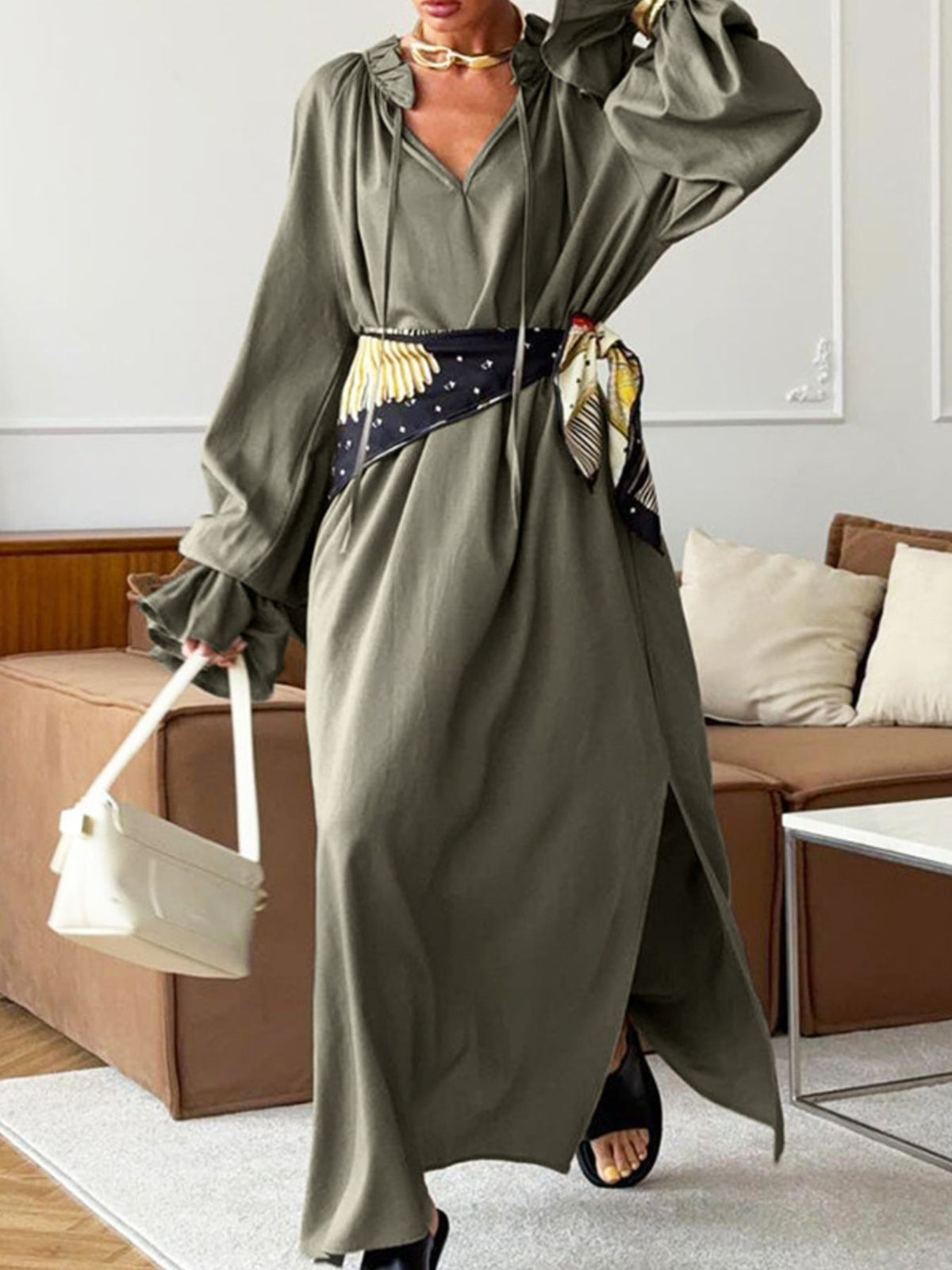Tie Neck Flounce Sleeve Maxi Dress