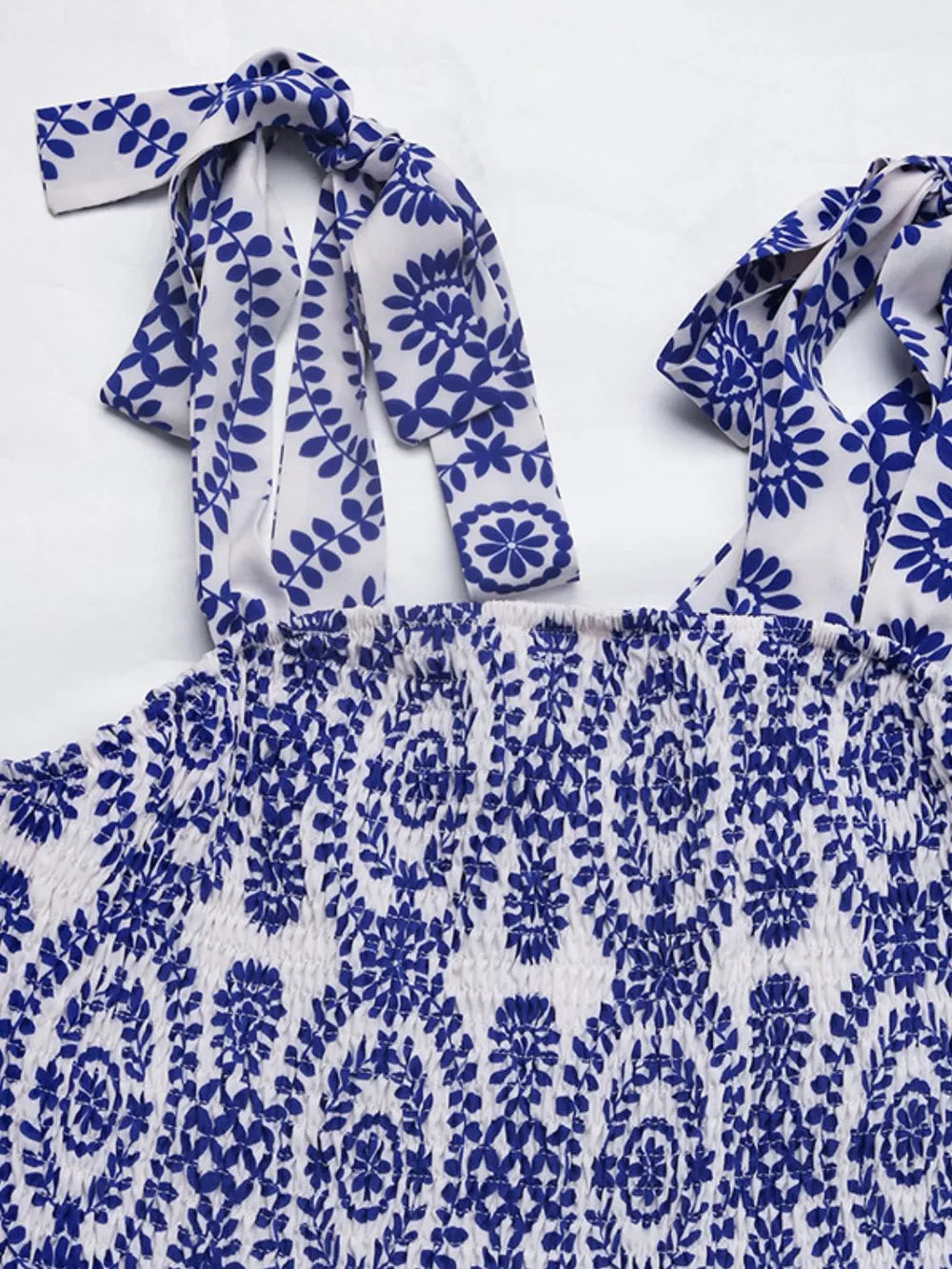 Smocked Square Neck Printed Maxi Cami Dress in Blue