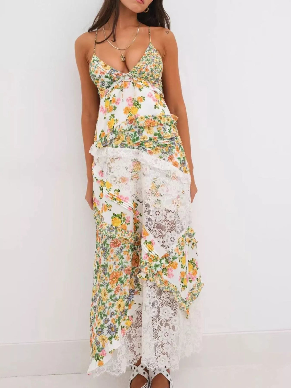 Lace Floral Ruffle Trim Maxi Dress