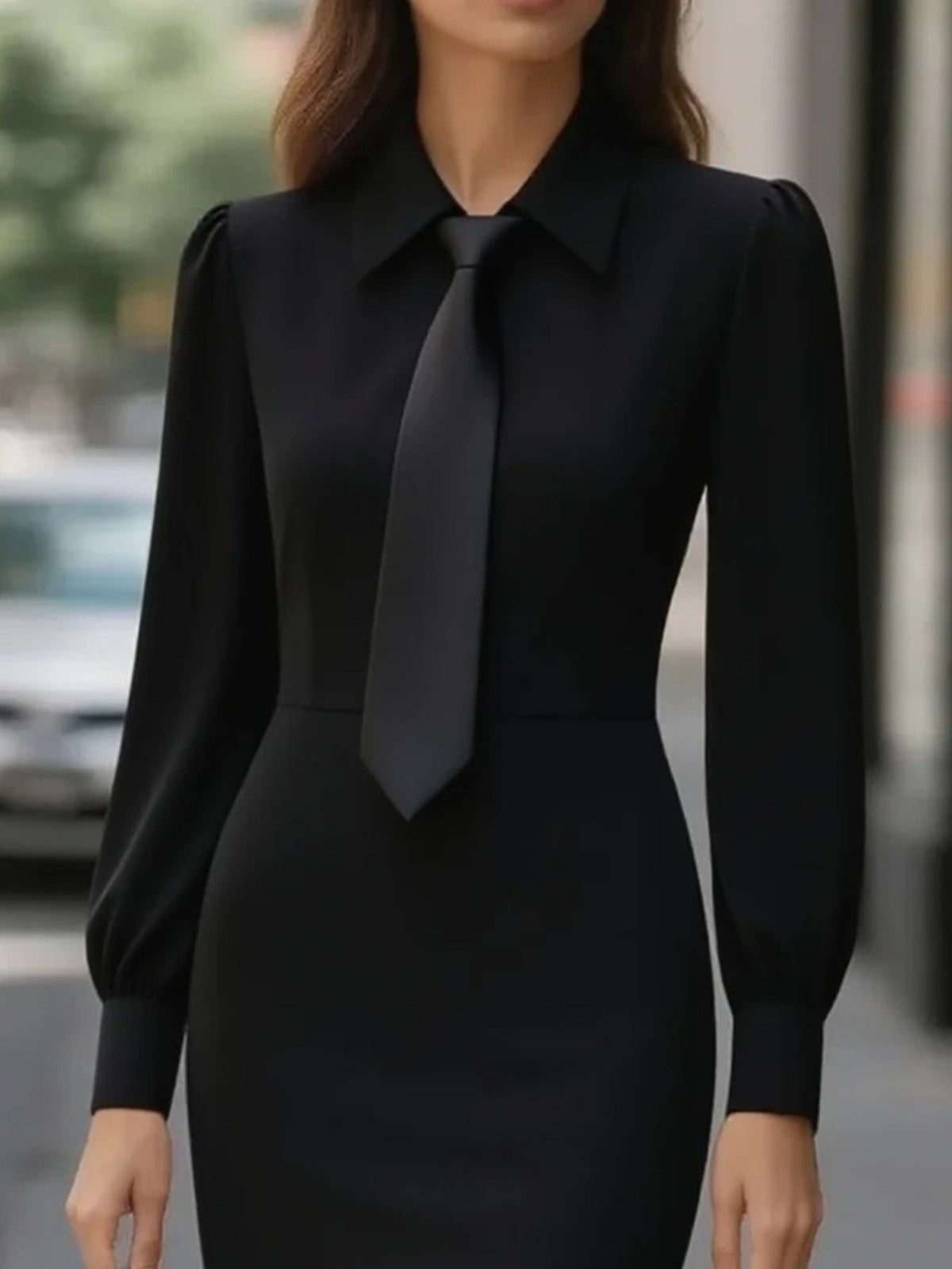 Belted Tie-Neck Long Sleeve Dress