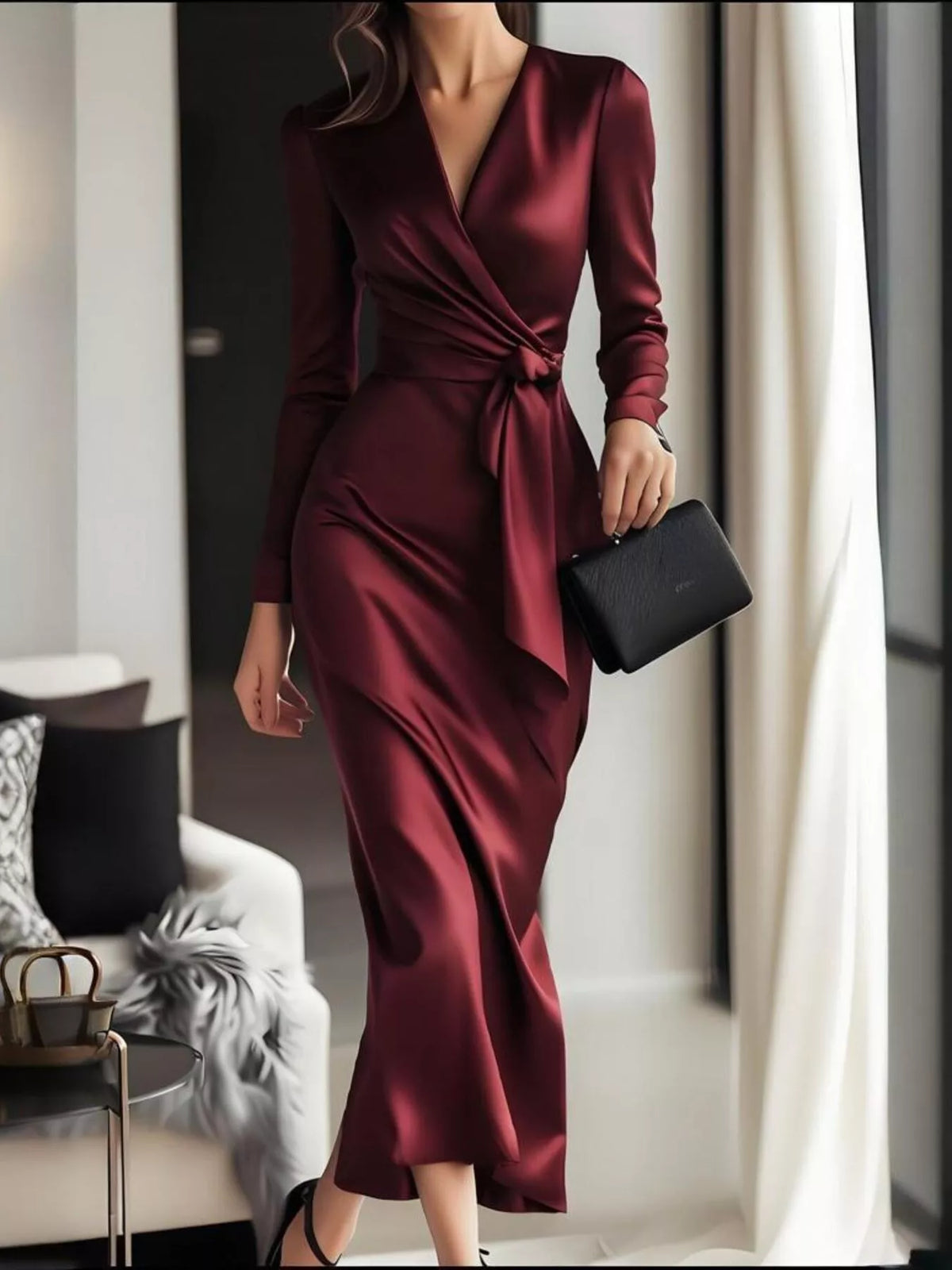 Surplice Satin Dress in Red