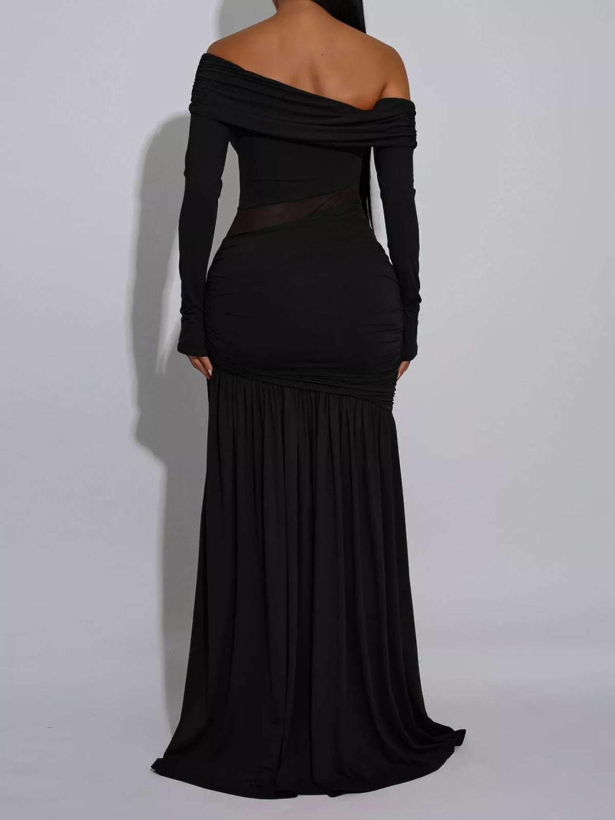 Off-Shoulder Sheer Mesh Maxi Dress with Slit