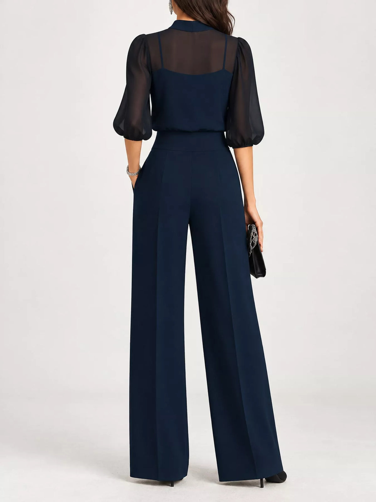 Mock Neck Puff Sleeve Top and Wide Leg Pants Set