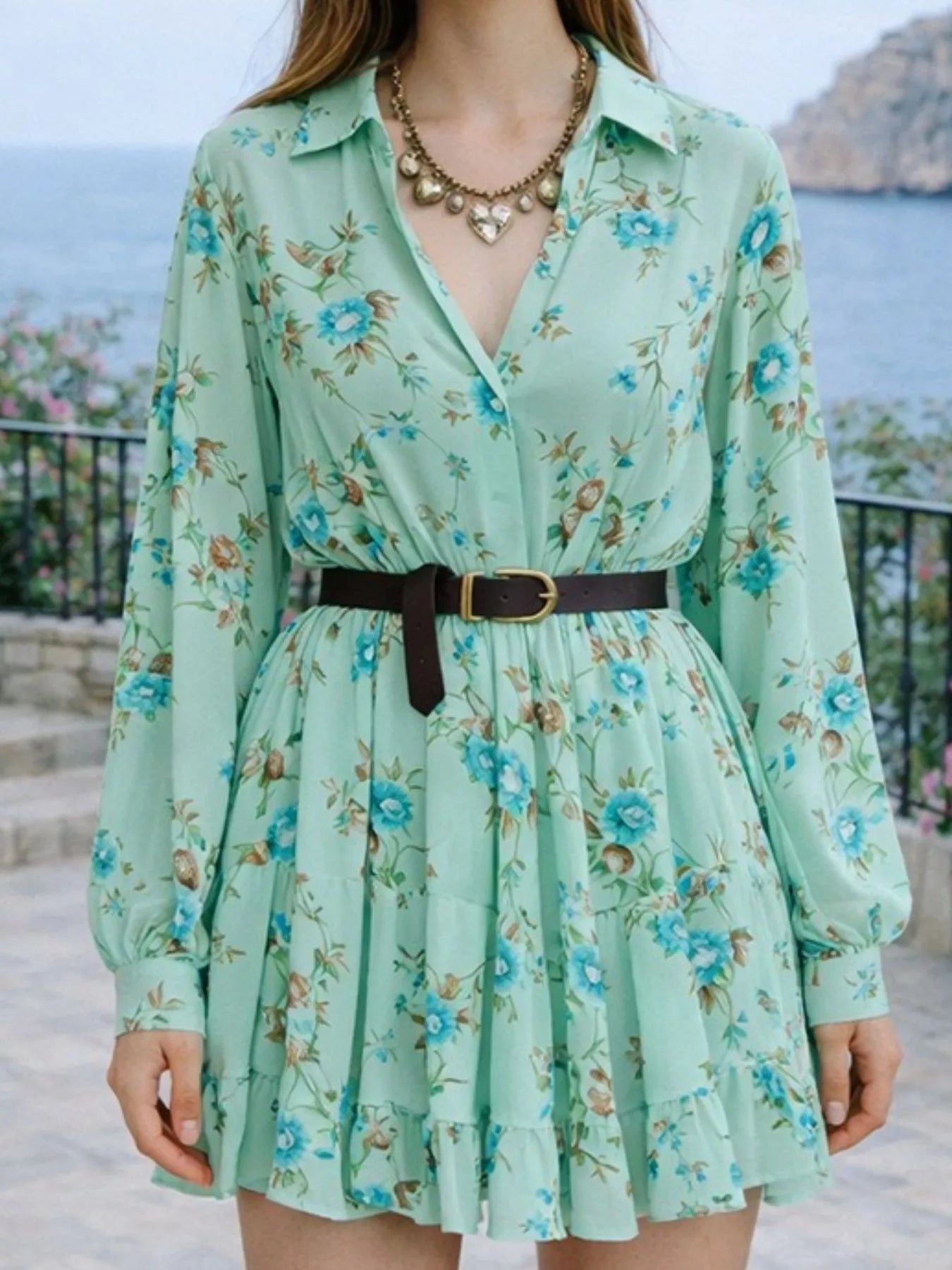 Floral Print Long Sleeve Shirt Dress