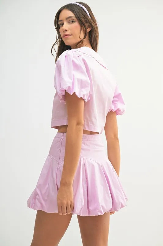 Puff Sleeve Button-Down Top and Bubble Skirt Set in Lavender