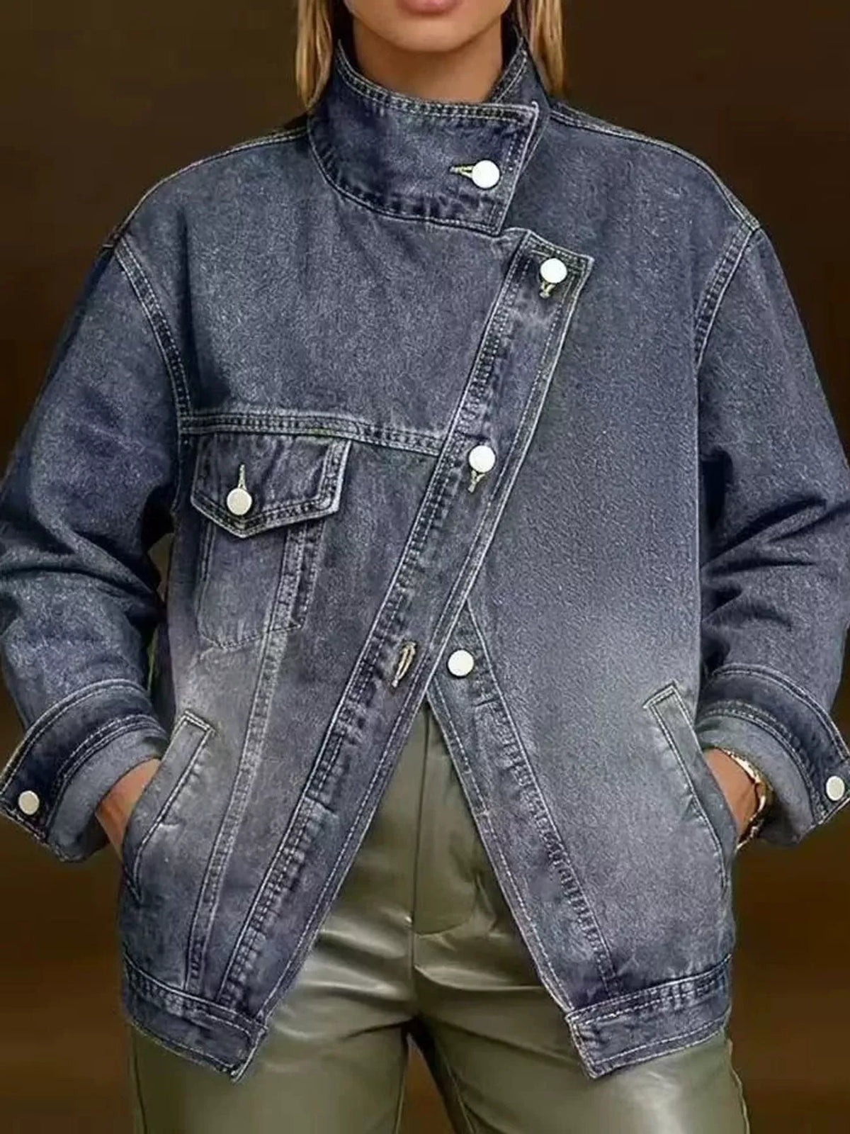 Asymmetric Stand Collar Denim Jacket