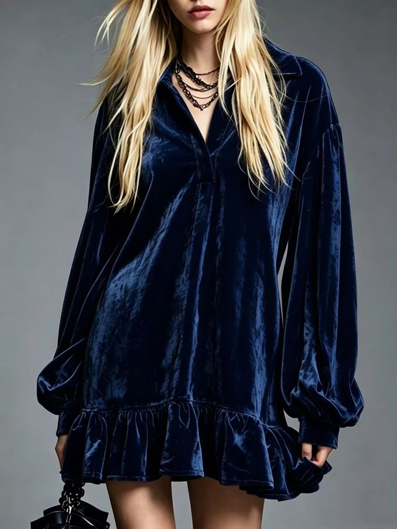 Velvet Ruffled-Hem Long Sleeve Dress
