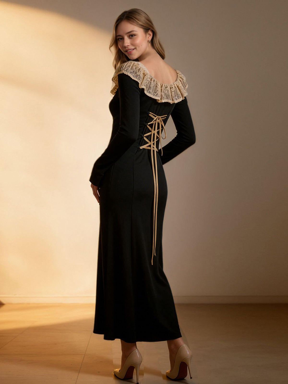 Lace Collar Long Sleeve Dress in Black