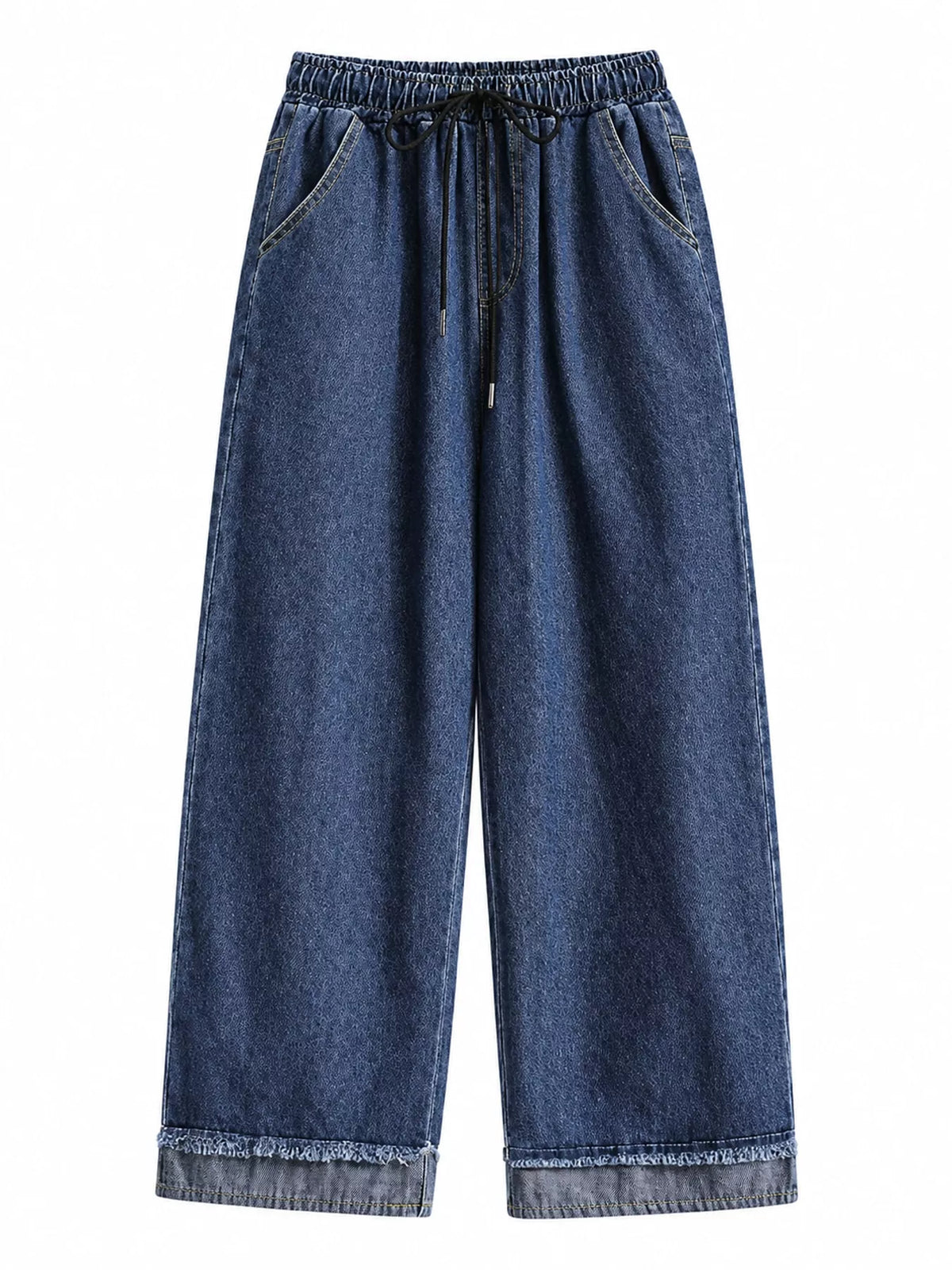 High-Waisted Drawstring Wide-Leg Jeans with Raw Hem