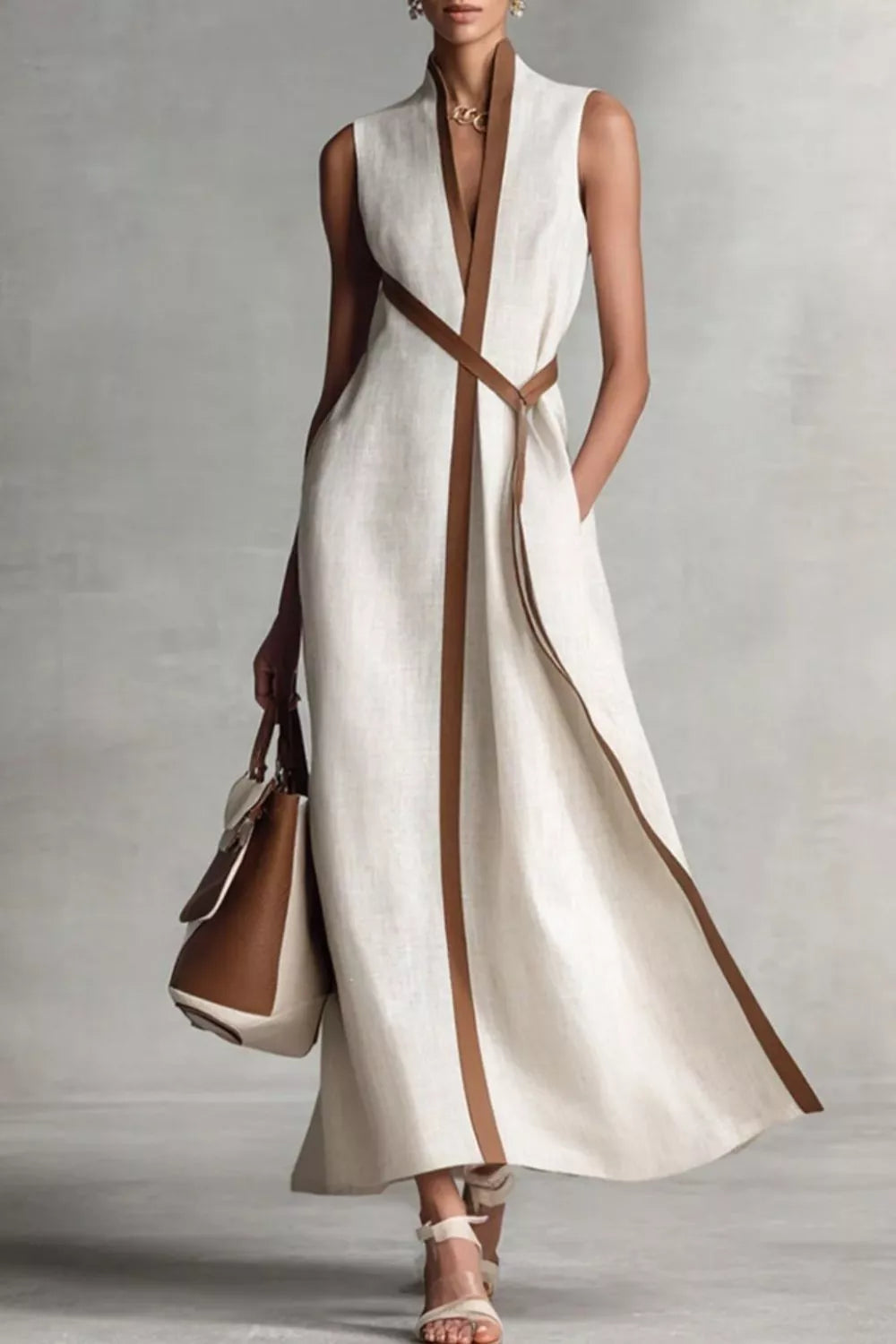 Sleeveless Contrast-Trim Midi Dress