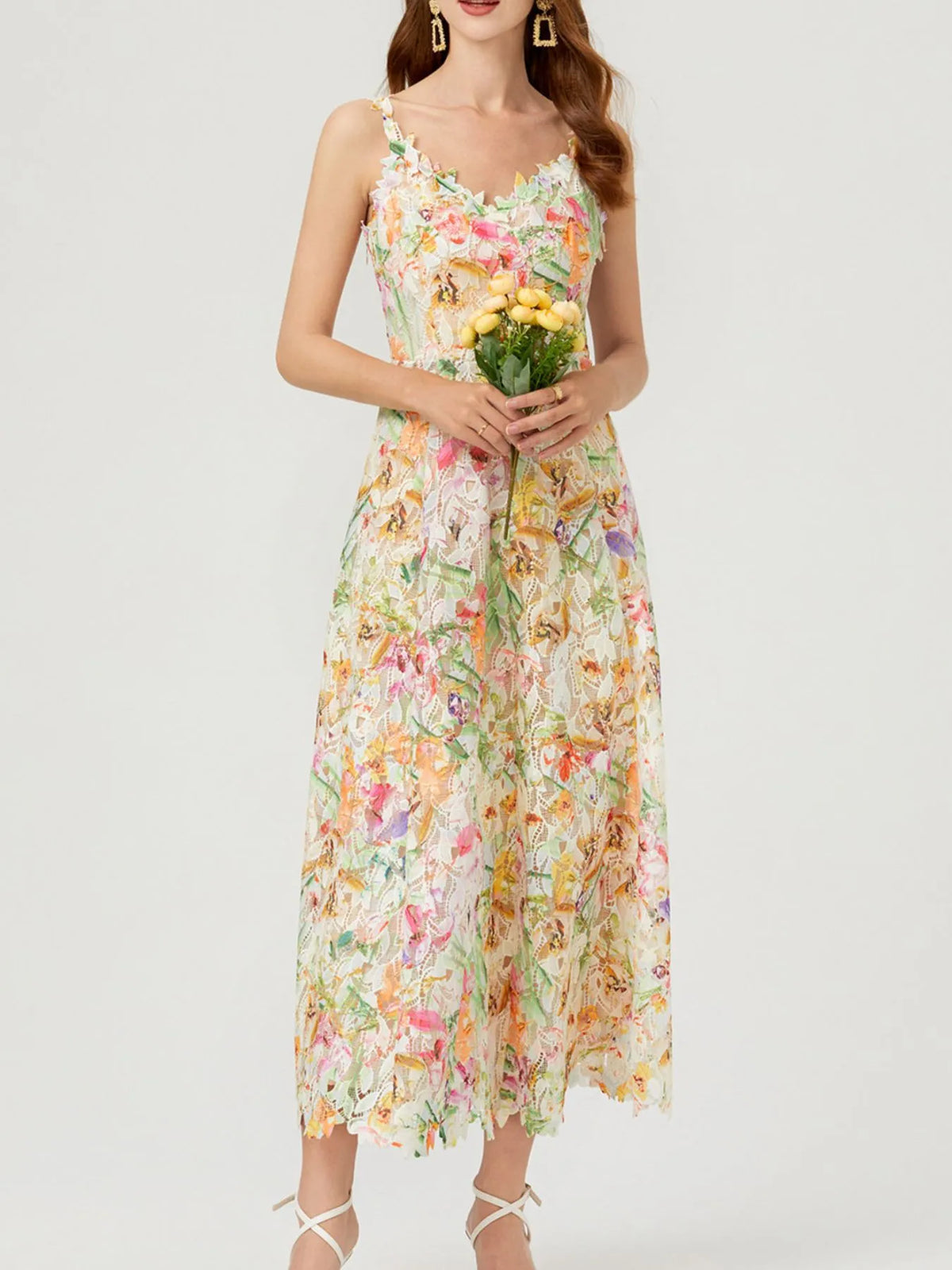 Floral Lace V-Neck Midi Dress