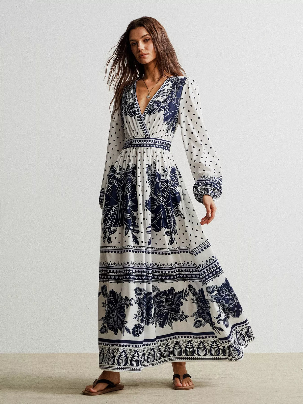 Ruched Floral Long Sleeve Maxi Dress in Indigo
