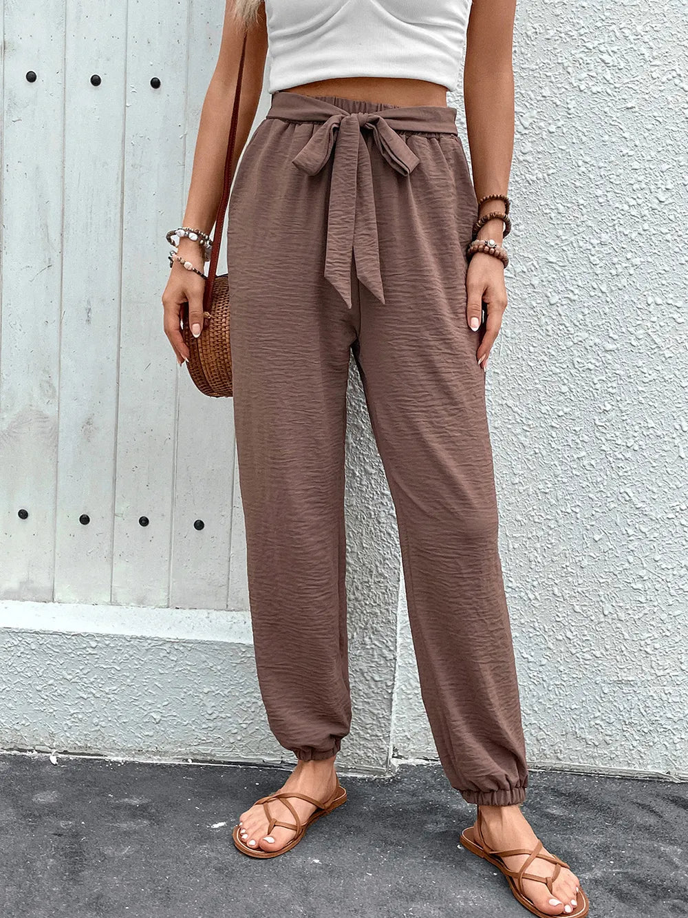 Tied High-Waist Pants with Pockets in Brown
