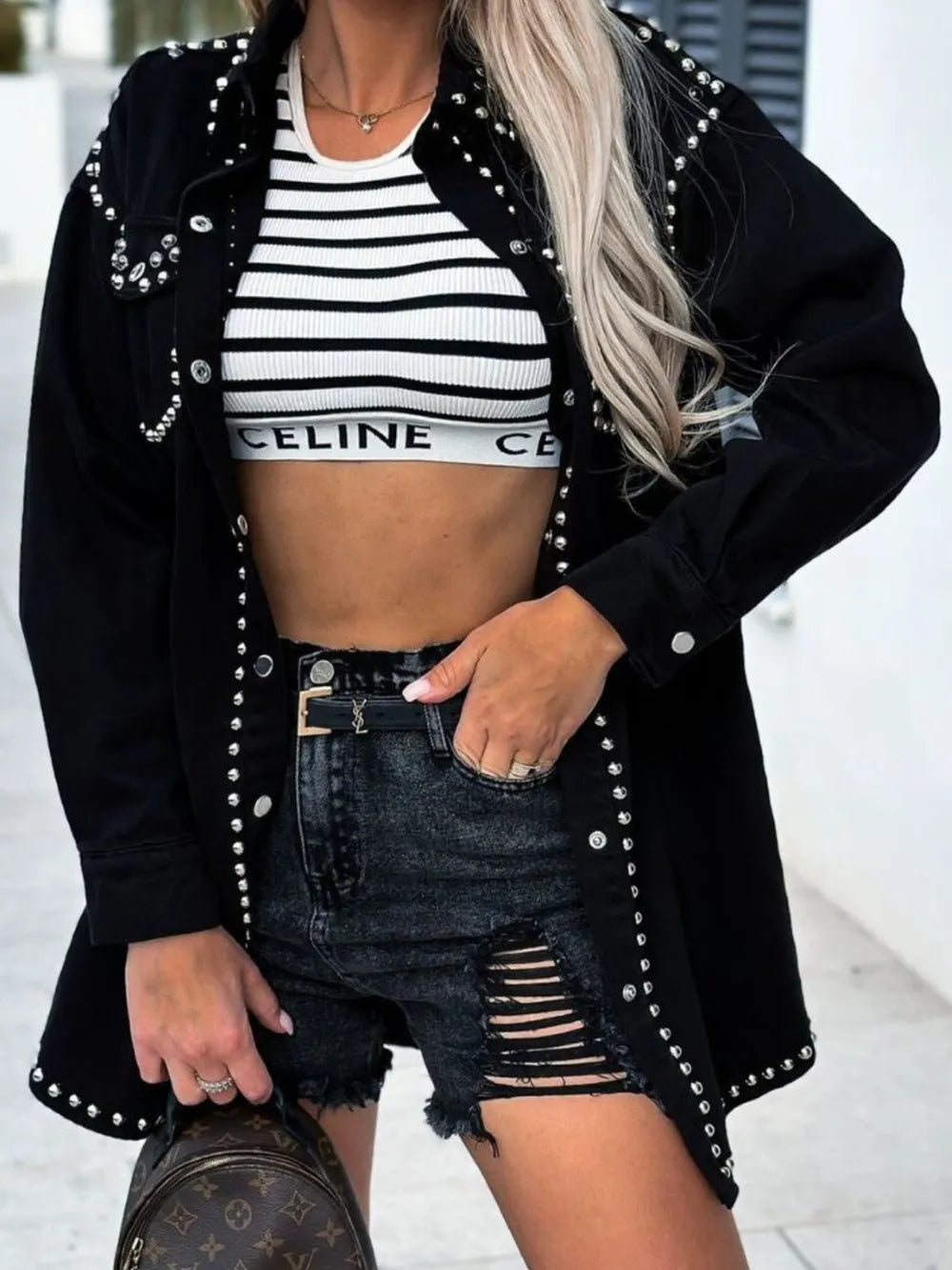 Studded Snap Down Denim Shacket in Black by Y.Y@Denim