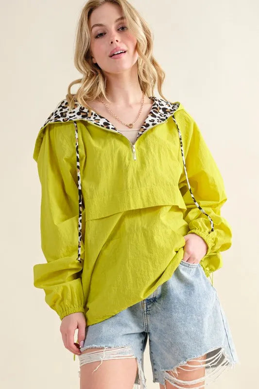 And The Why Leopard Print Zip Windbreaker in Lime