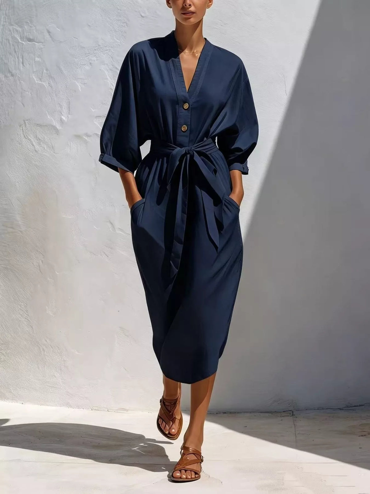 Tie-Waist V-Neck Button Midi Dress