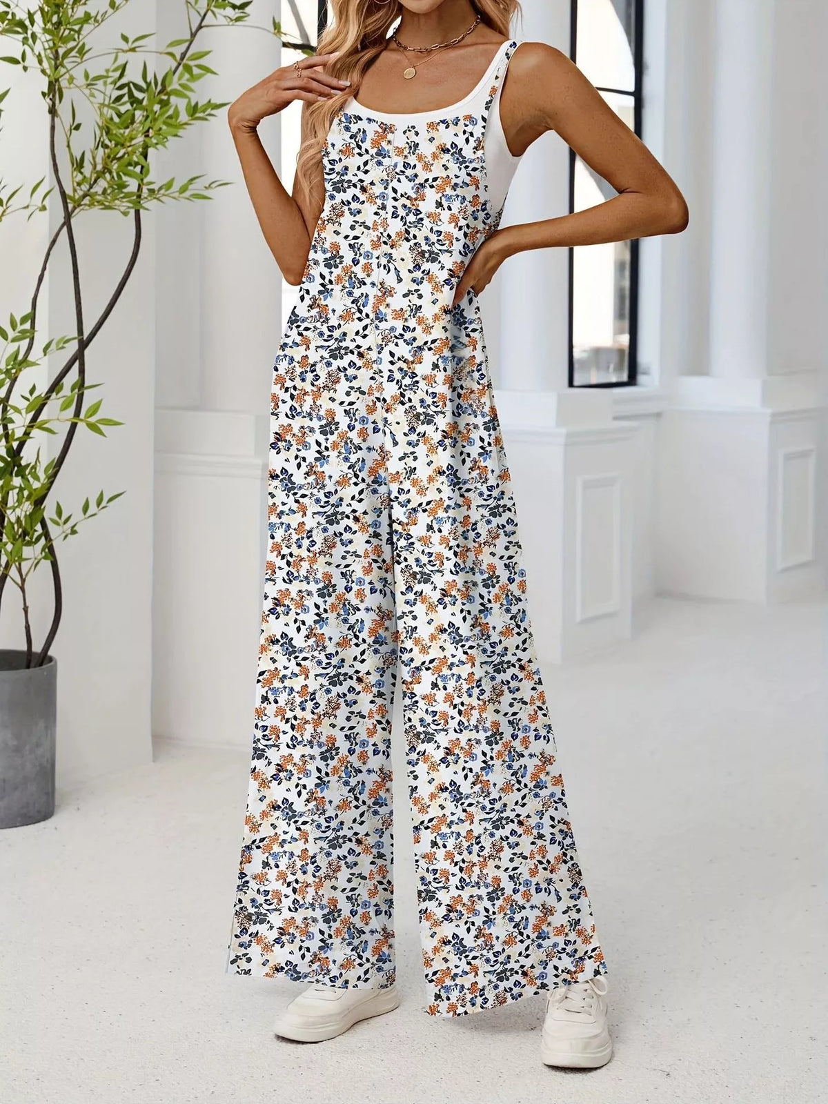 Floral Print Wide-Leg Spaghetti Strap Overalls