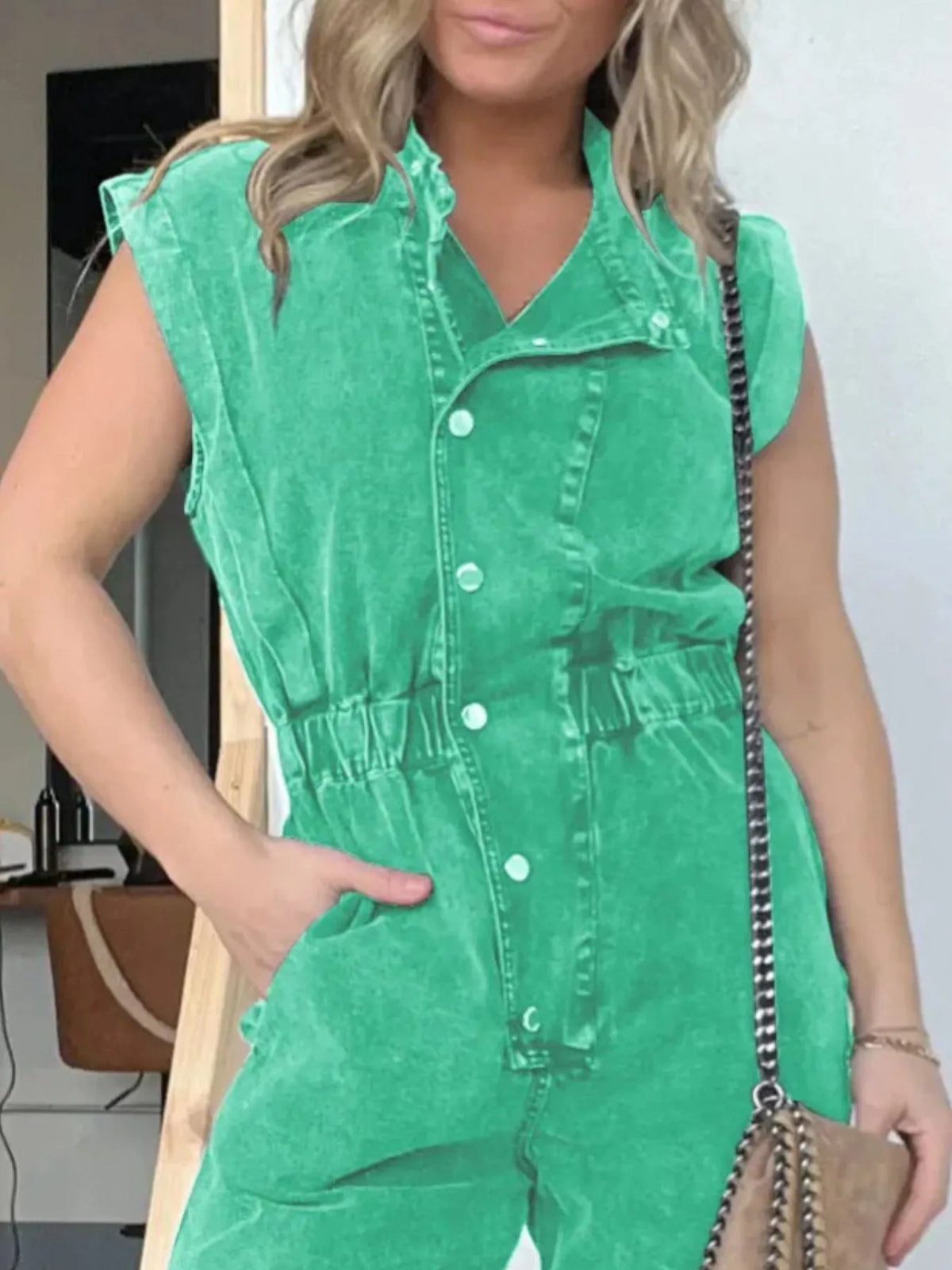 Button Front Cap Sleeve Denim Jumpsuit