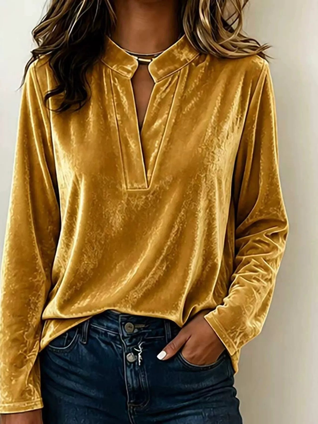 Velvet Notched Long Sleeve Blouse
