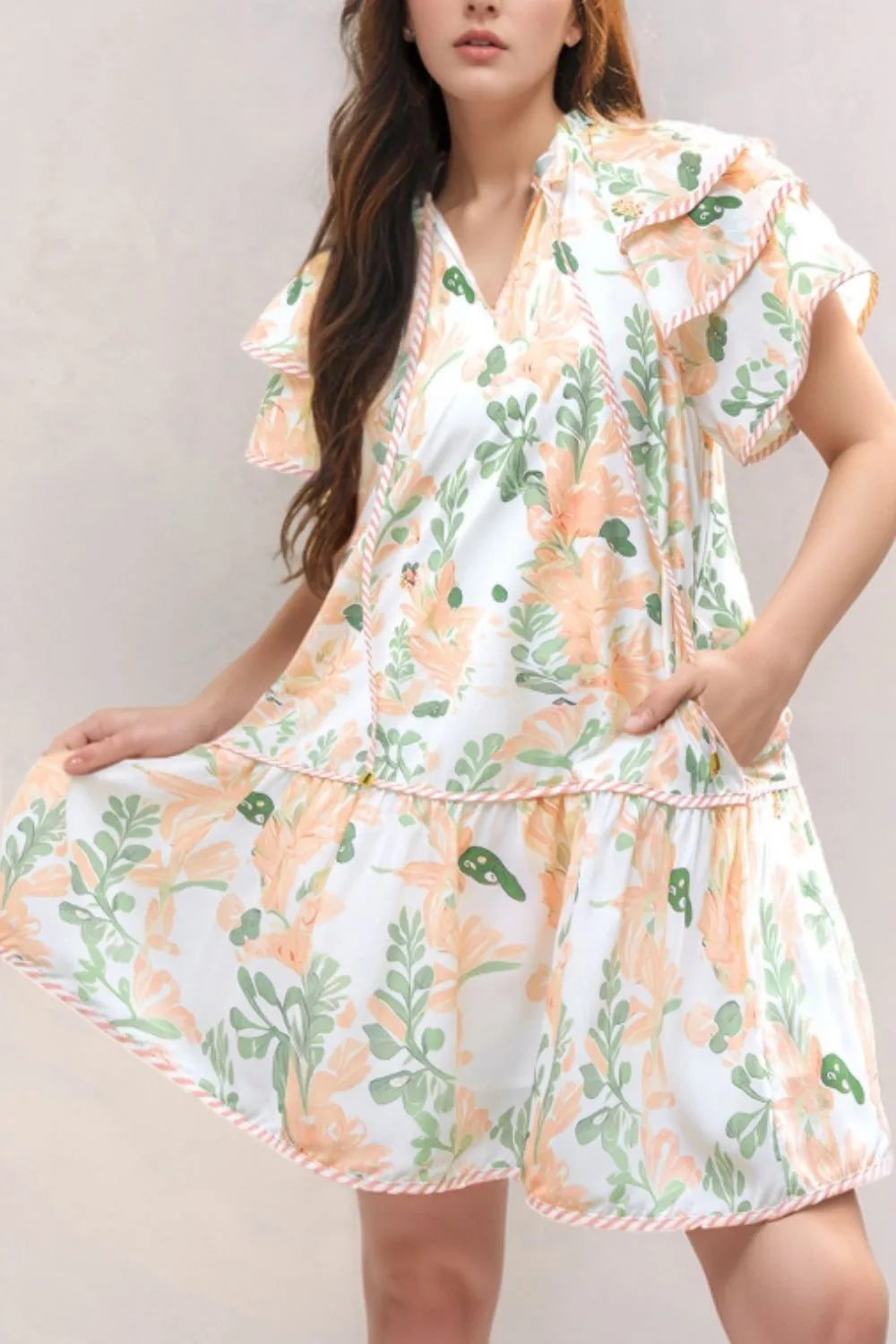 Floral Tie Neck Layered Dress in Sherbet